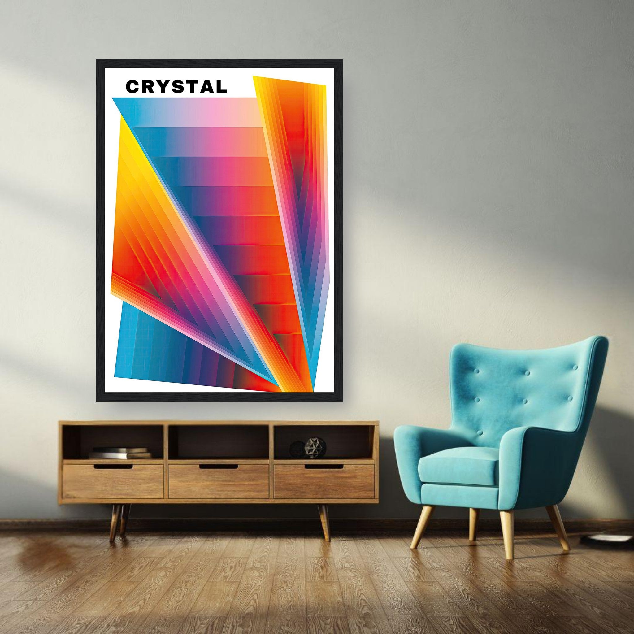 Crystal Abstract Art framed print featuring vibrant colors and geometric patterns in a modern interior setting.