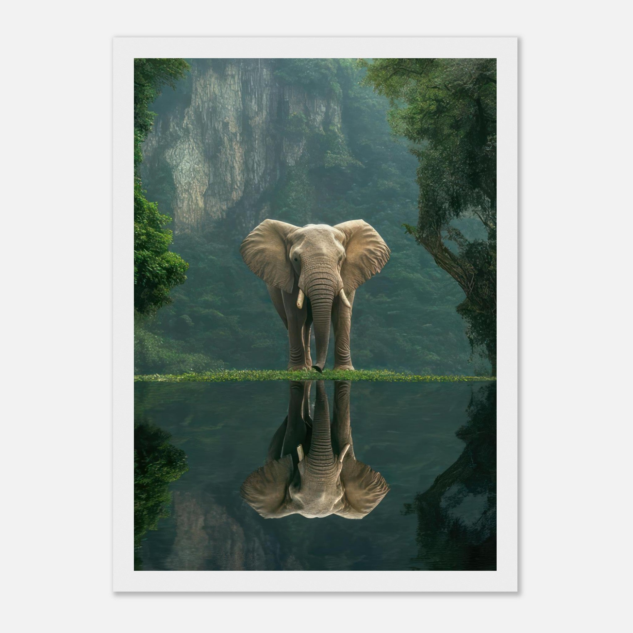Framed print of a majestic elephant standing gracefully by a tranquil water reflection in a lush jungle setting.