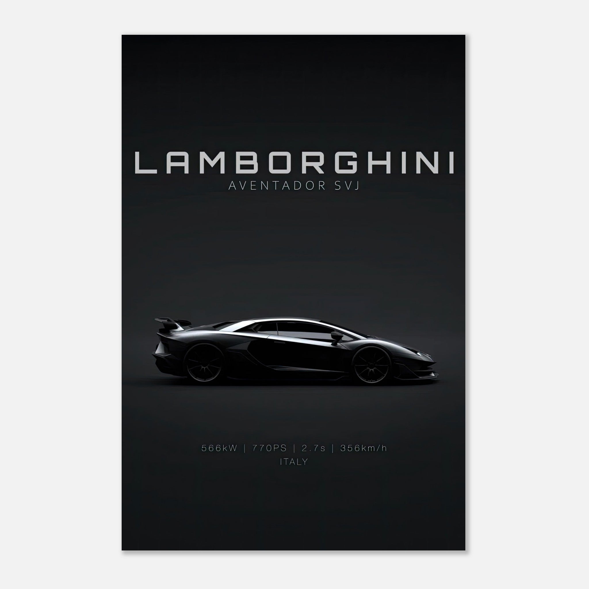 Lamborghini Aventador SVJ metal print showcasing its sleek profile and stunning performance specifications.
