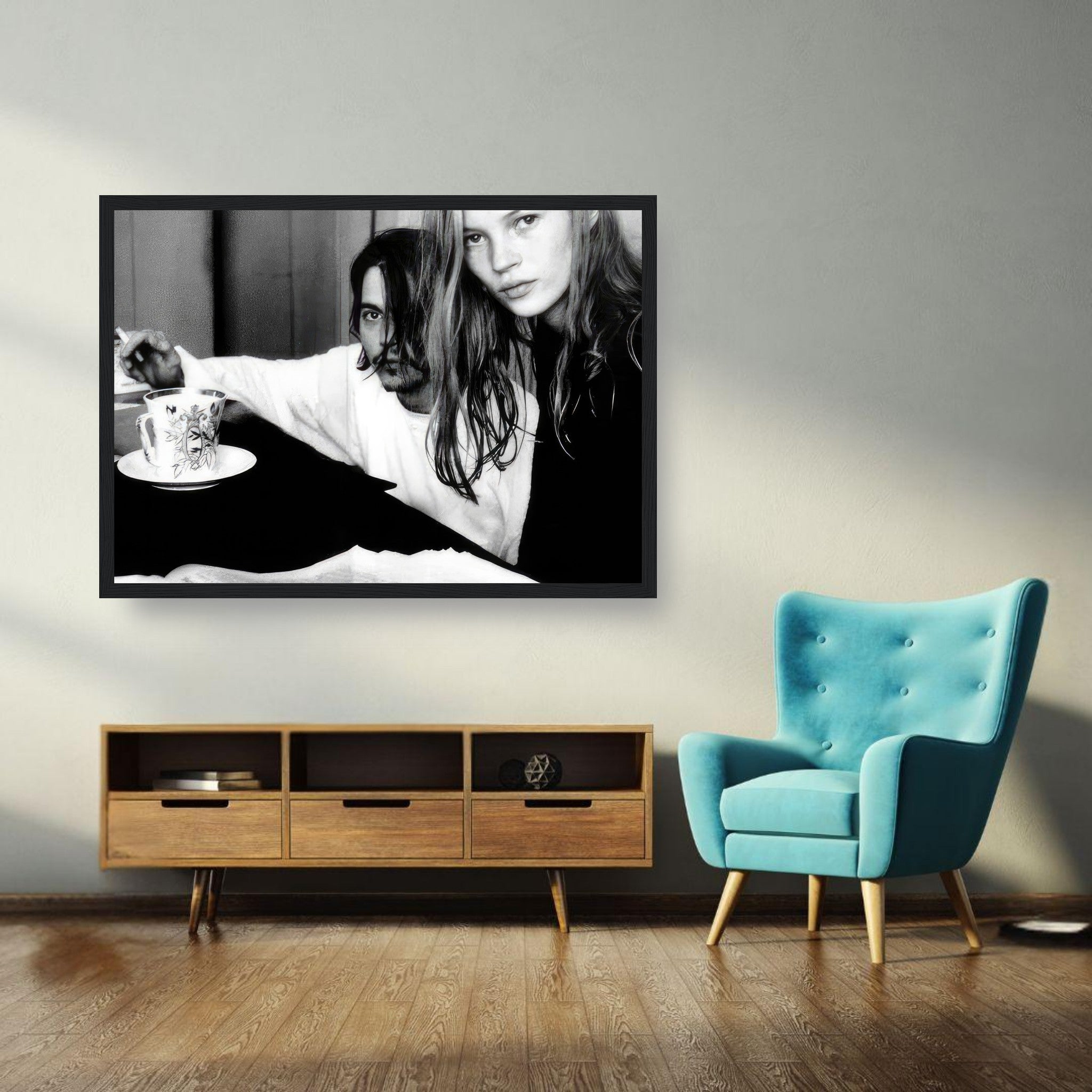 Framed print of Johnny Depp and Kate Moss in black and white, showcasing 1990s romance and style.