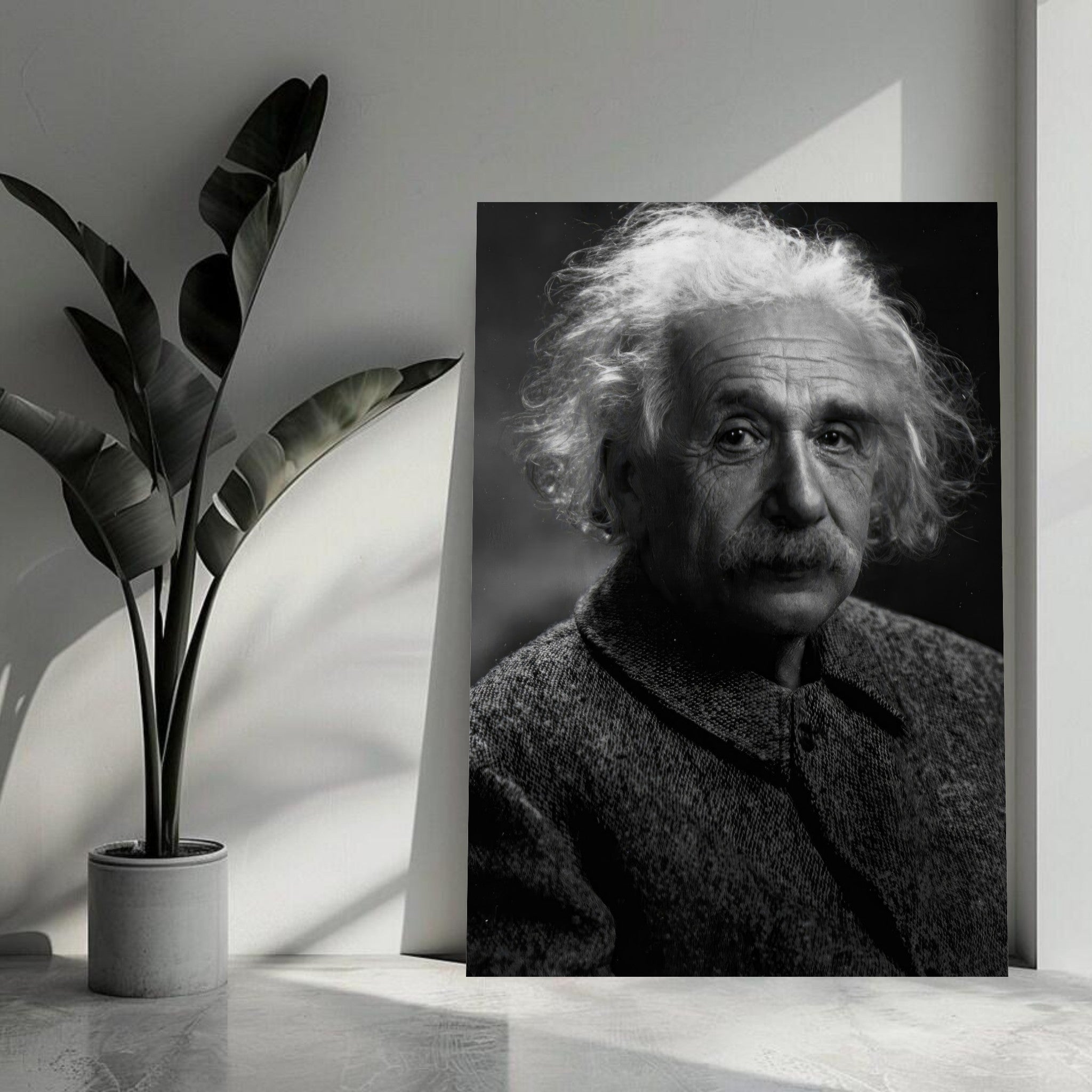 Albert Einstein portrait metal print in black and white, showcasing his iconic features and intellectual depth.
