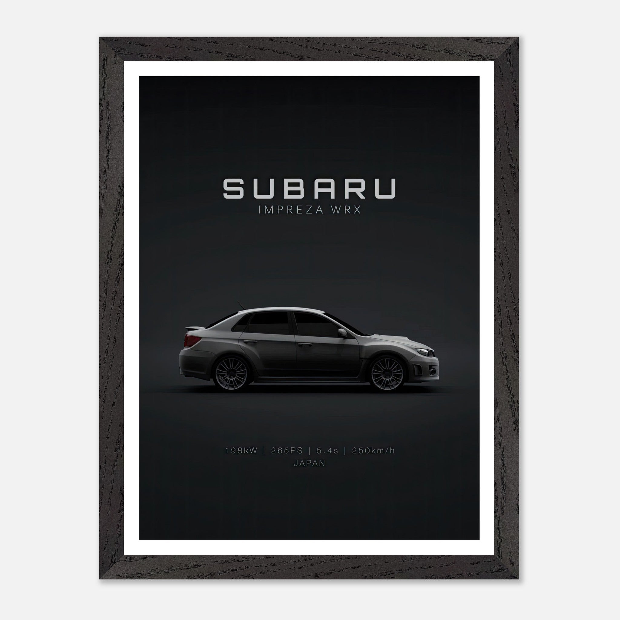Subaru WRX vintage framed art showcasing sleek design and engineering excellence on a minimalist backdrop.