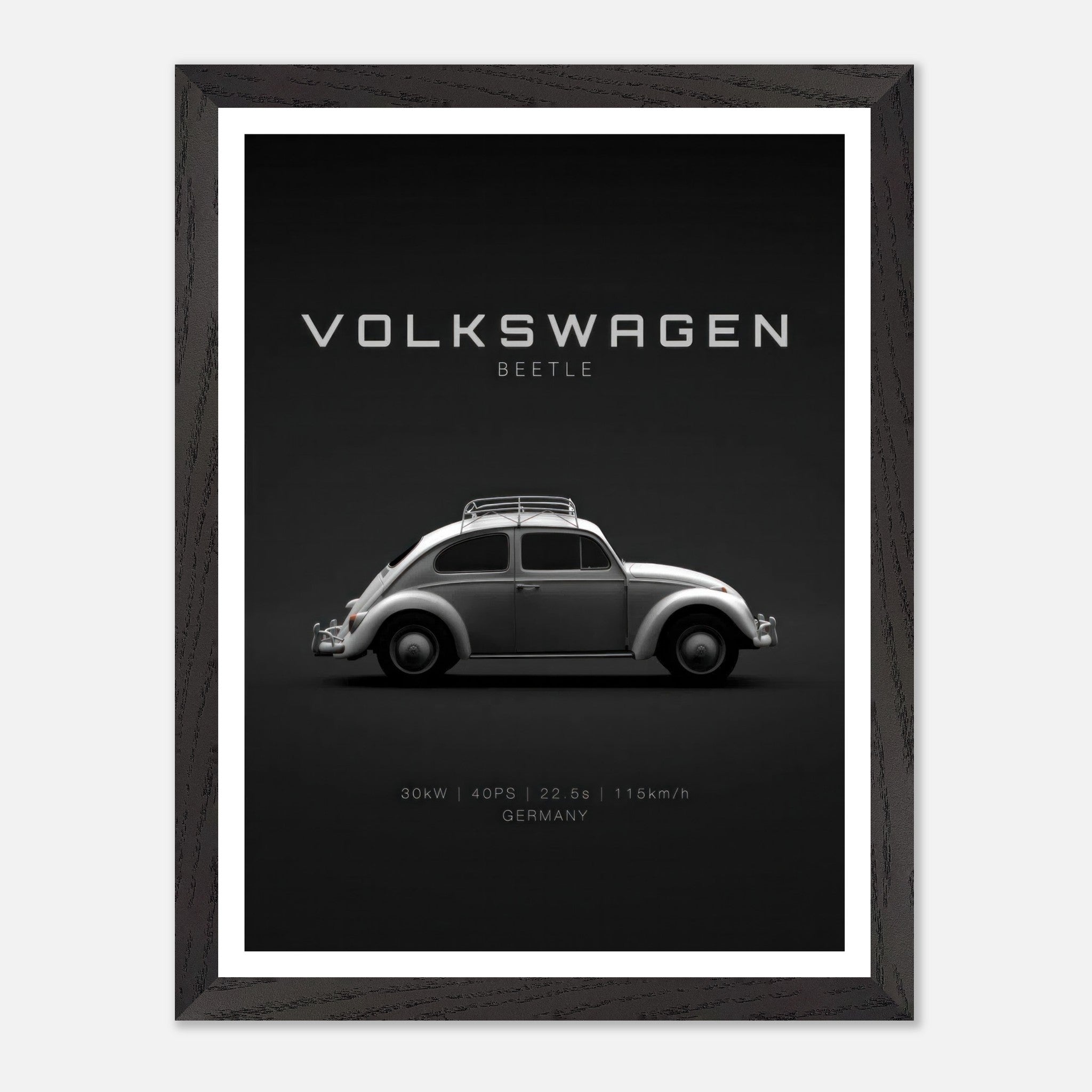 Volkswagen Beetle vintage framed art featuring a sleek silver design on a minimalist black background.