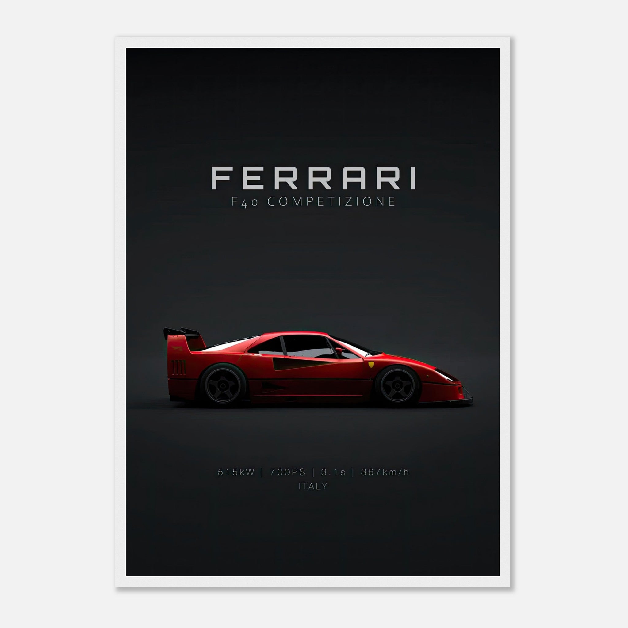 Ferrari F40 Competizione framed poster showcasing its sleek red design and powerful silhouette on a minimalist black background.