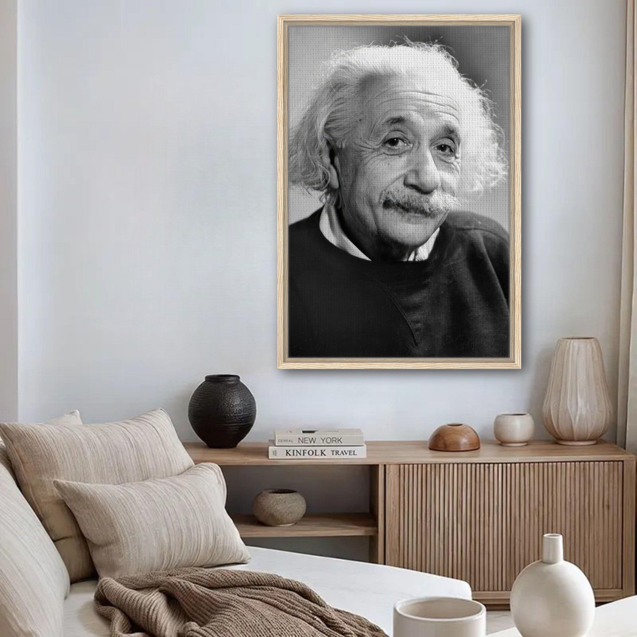 Framed black and white portrait of Albert Einstein in a modern living room setting.