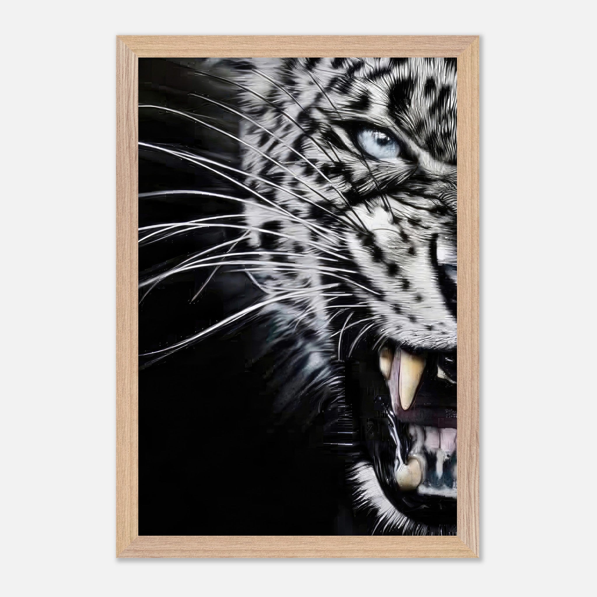 Close-up portrait of a leopard showcasing intense eyes and sharp features in fine art style.