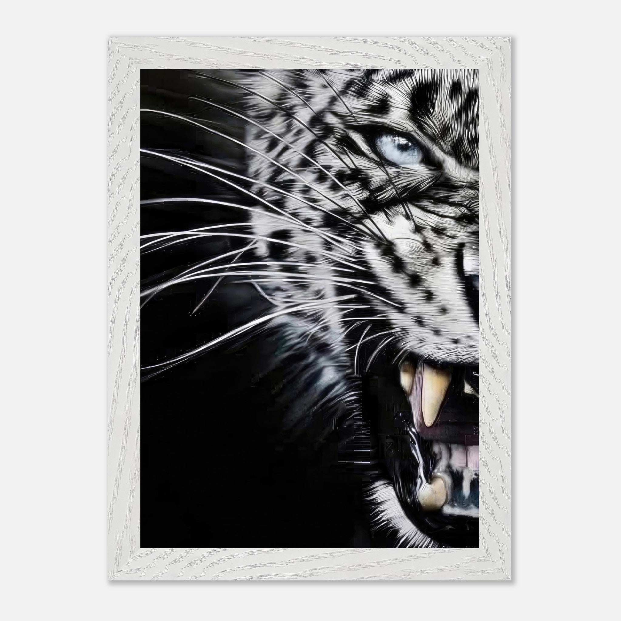 Close-up portrait of a fierce leopard mid-snarl in a vintage frame, showcasing piercing blue eyes and sharp fangs.