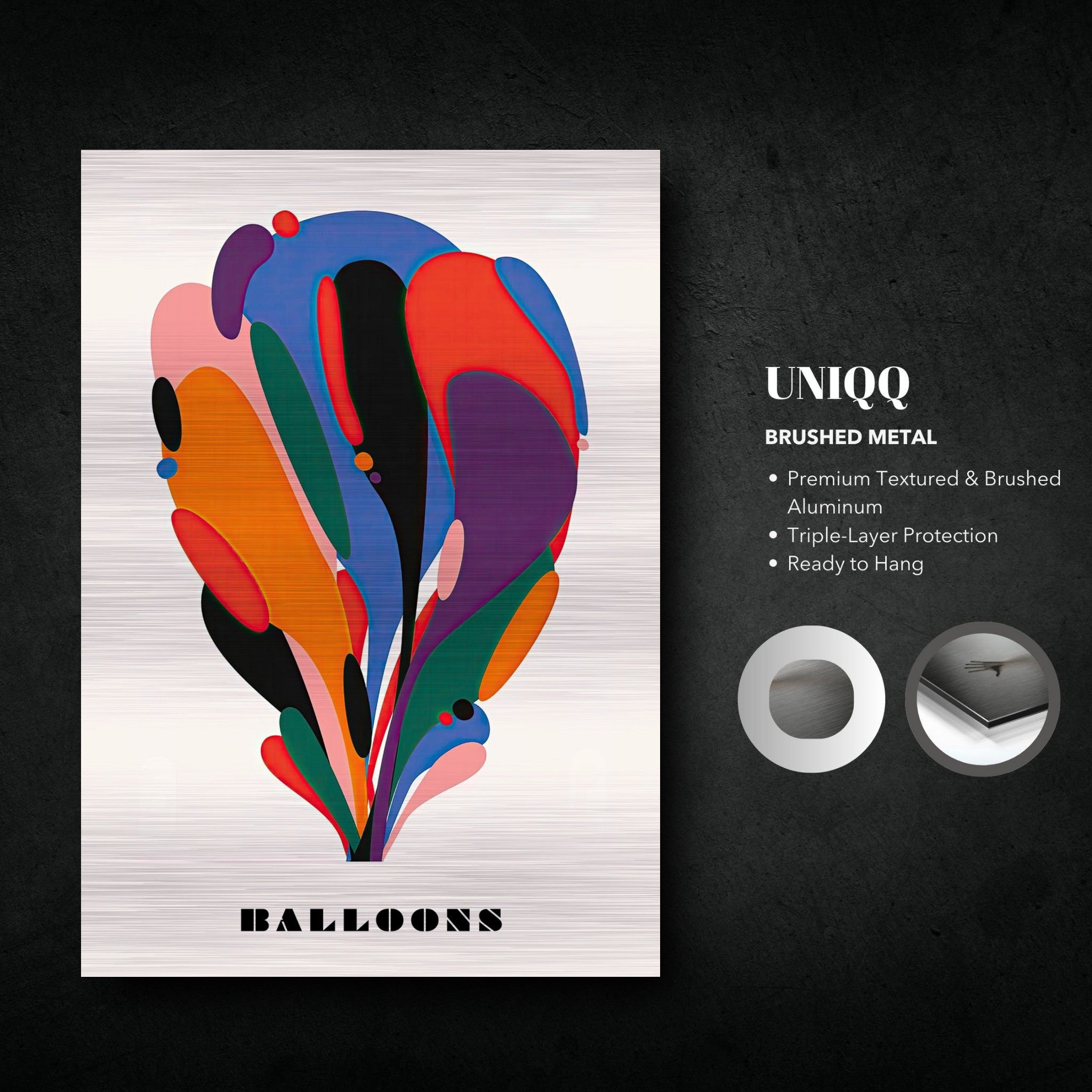 Abstract Balloon Art in brushed metal featuring vibrant colors and fluid shapes, ready to hang and enhance your space.