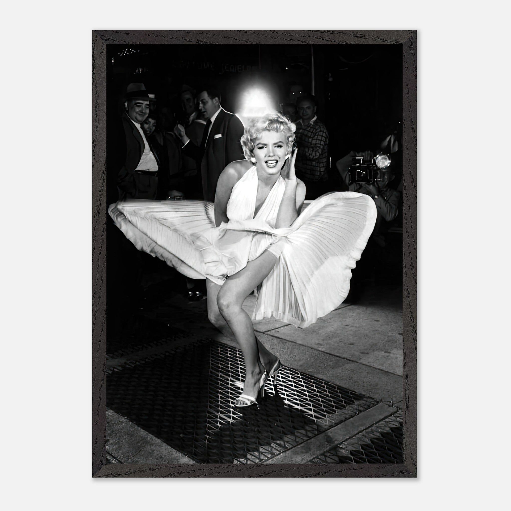 Marilyn Monroe in a white dress, playfully caught by wind in a legendary fine art print, exuding timeless glamour.