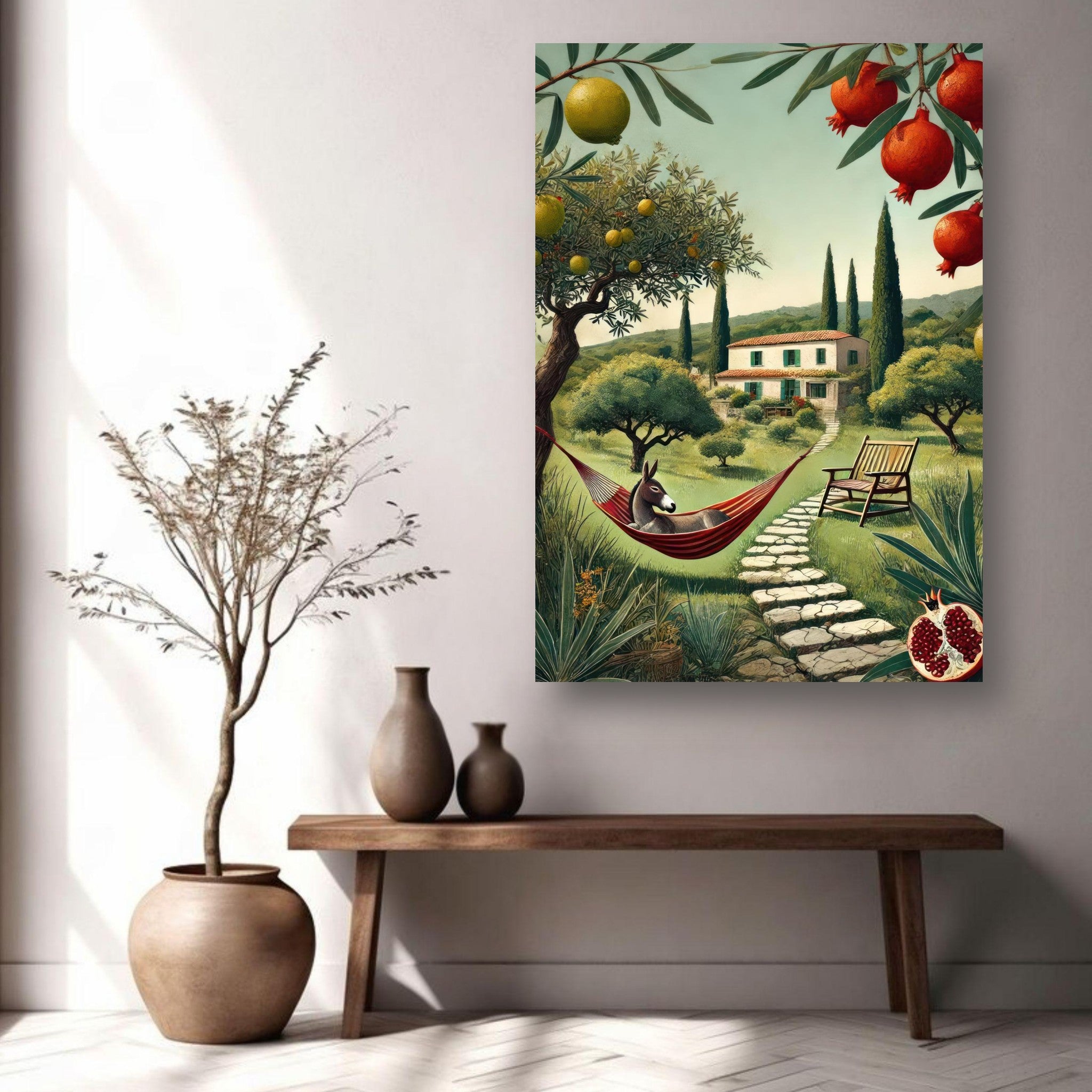 Mediterranean rural landscape metal print featuring a hammock, farmhouse, and lush gardens.