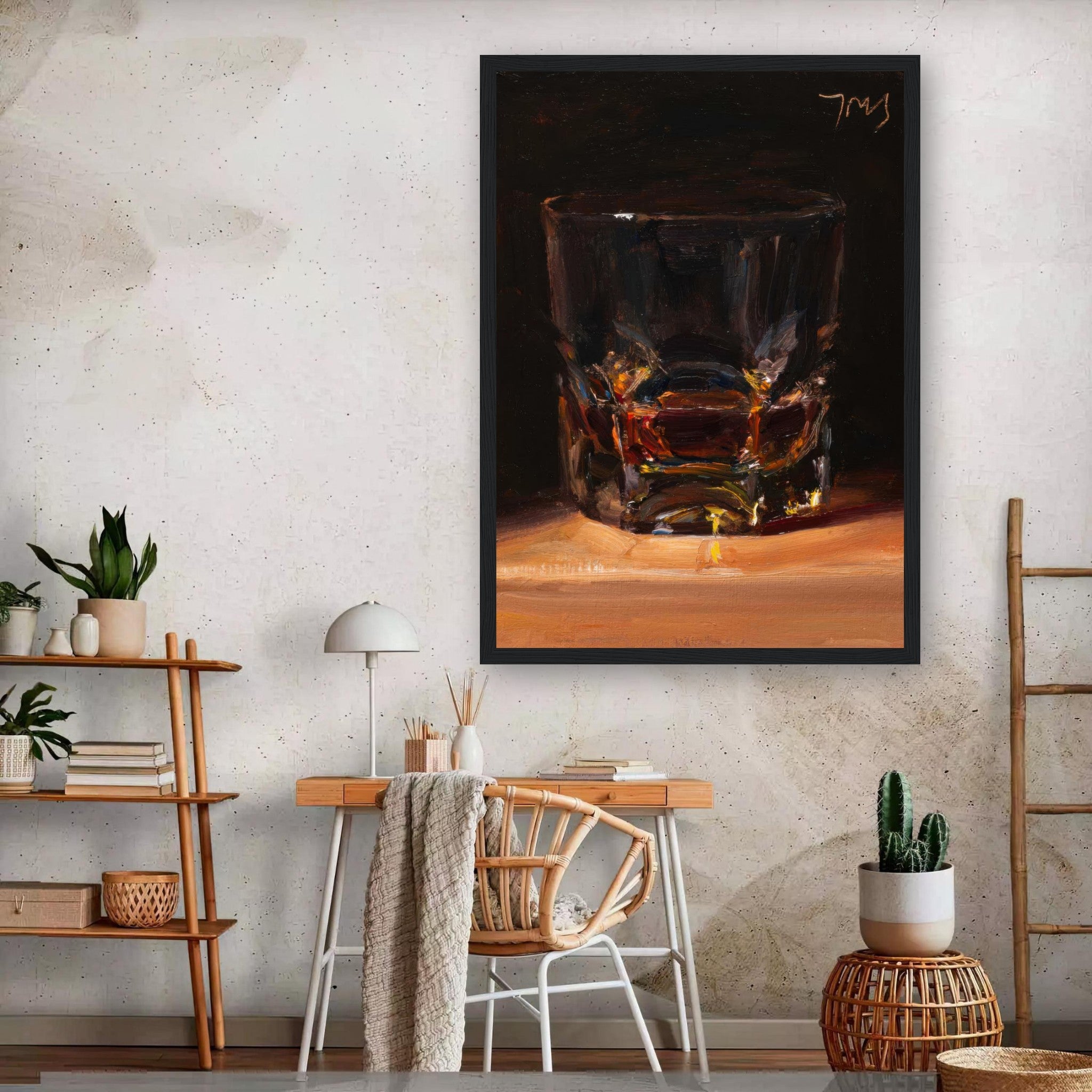 Whiskey framed print featuring a glass of amber whiskey, enhancing home decor with sophistication.
