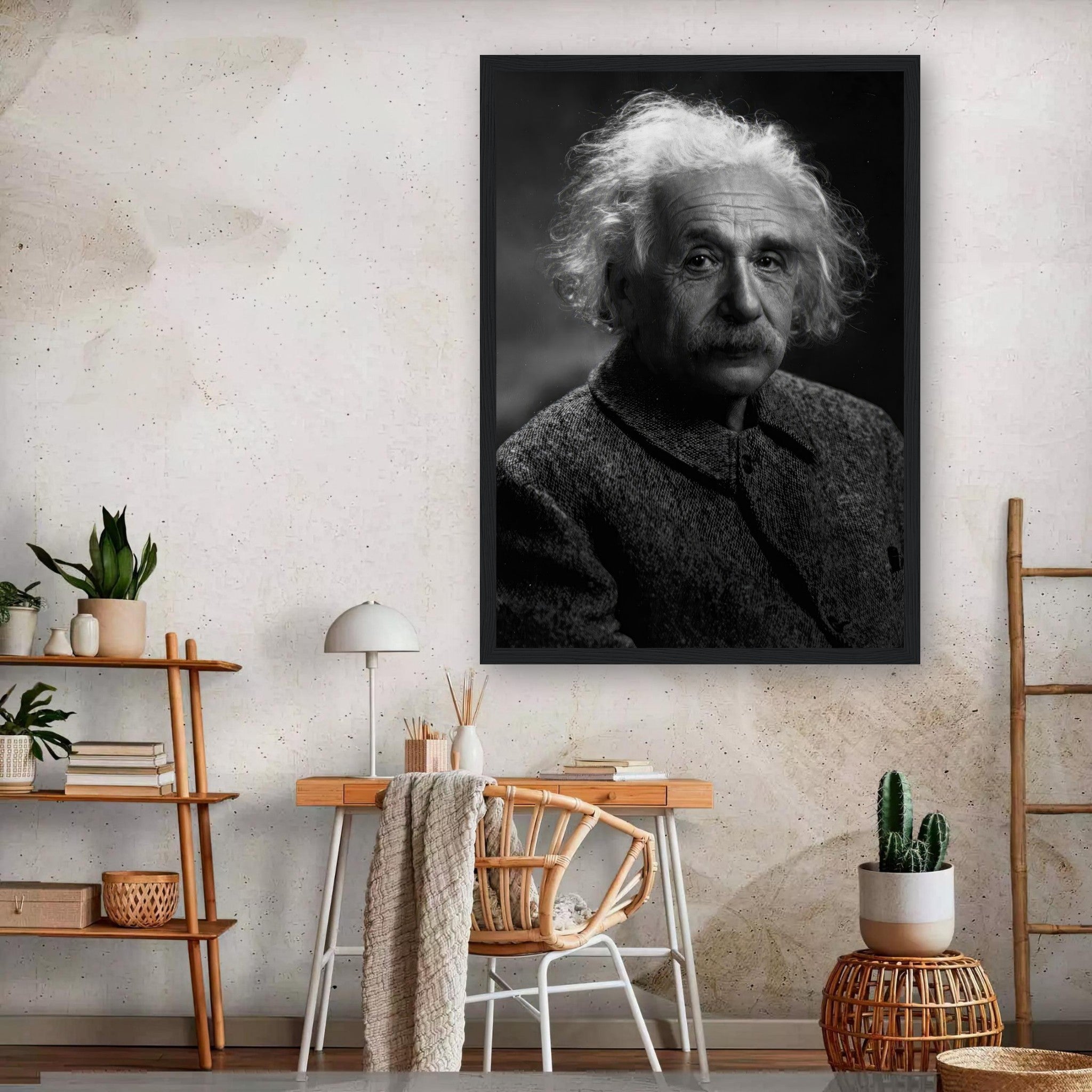 Albert Einstein portrait framed print in a modern living space with stylish decor and furniture.