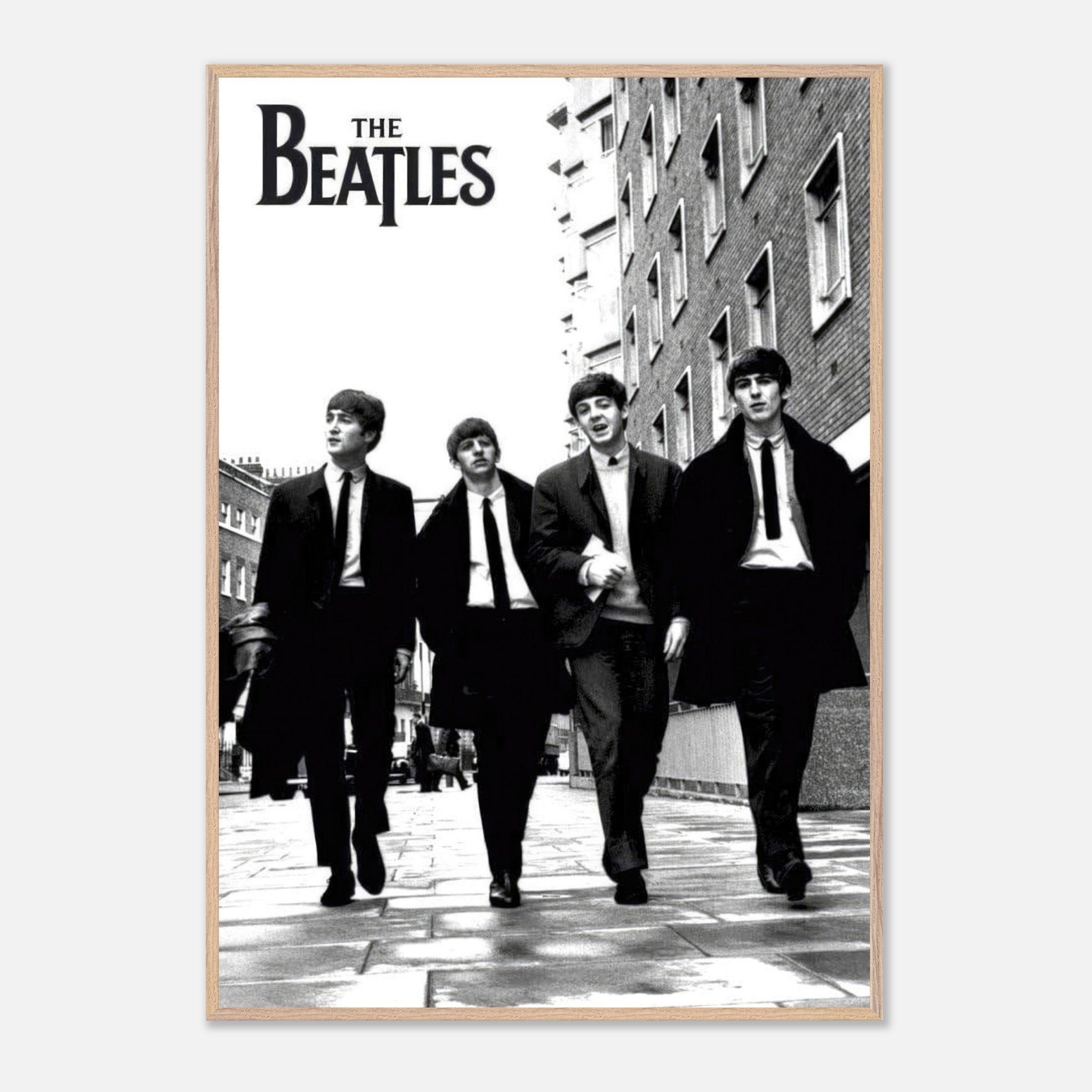 The Beatles fine art print in black and white, showcasing iconic band members walking together, museum quality Giclée reproduction.
