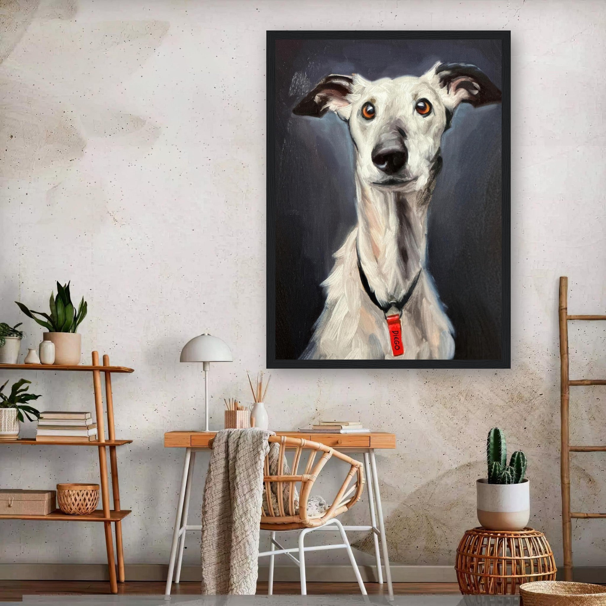 Framed print of a Greyhound dog painting showcasing its elegant features and expressive face in a stylish home setting.