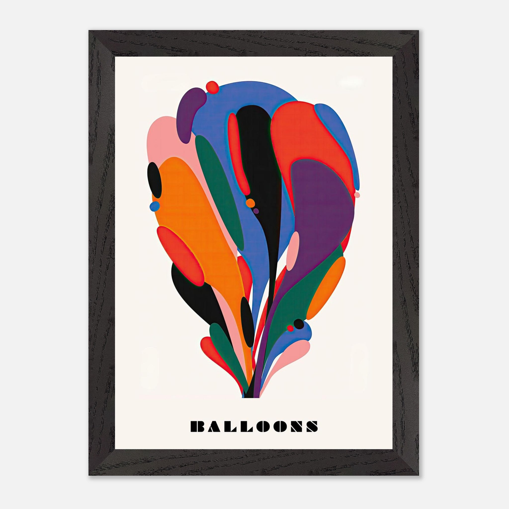 Vibrant abstract balloon art vintage framed print showcasing bold colors and fluid shapes on a minimalist background.