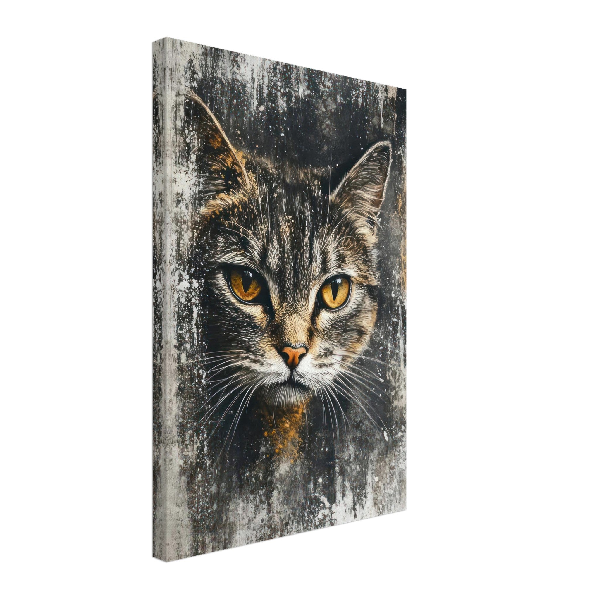 Cat painting artwork canvas print featuring a close-up of a cat's golden eyes on an abstract textured background.