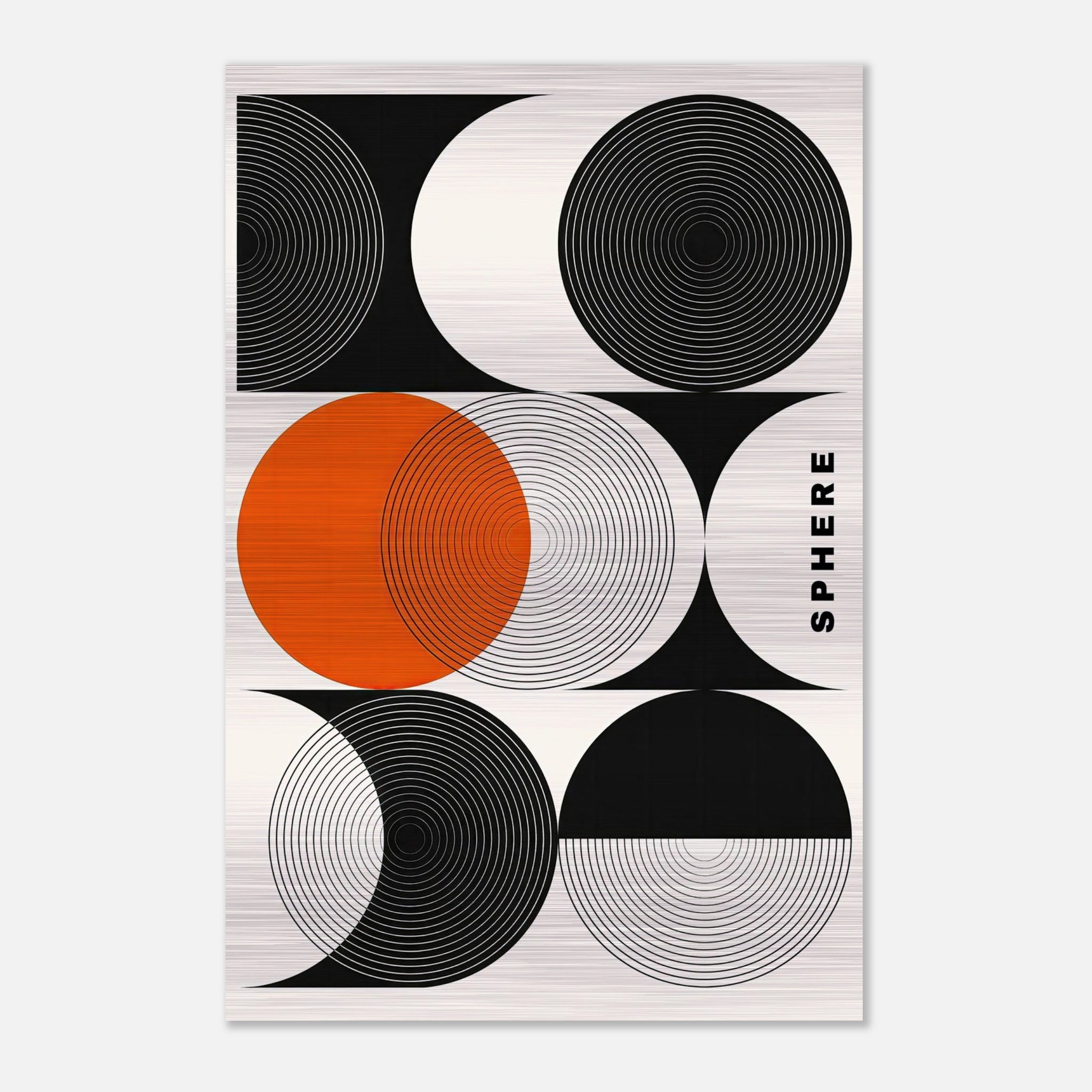 Abstract geometric sphere art in brushed metal featuring bold black, white, and orange circular patterns.