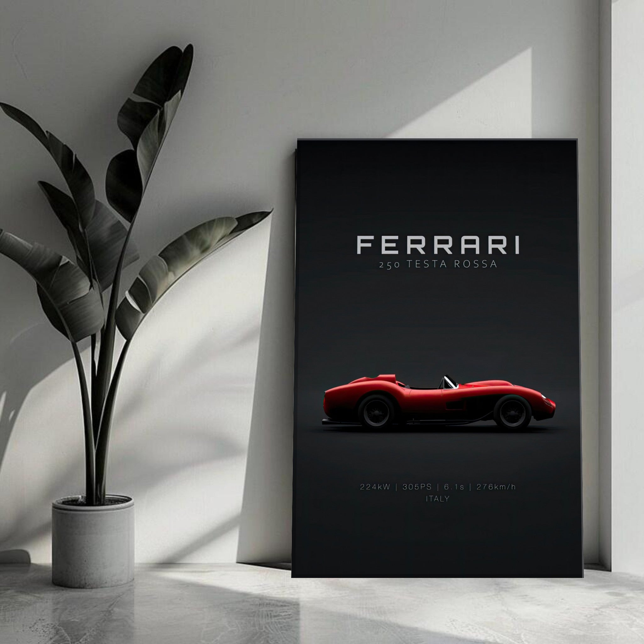 Ferrari 250 Testa Rossa canvas artwork featuring a red sports car on a black background, enhancing modern décor.
