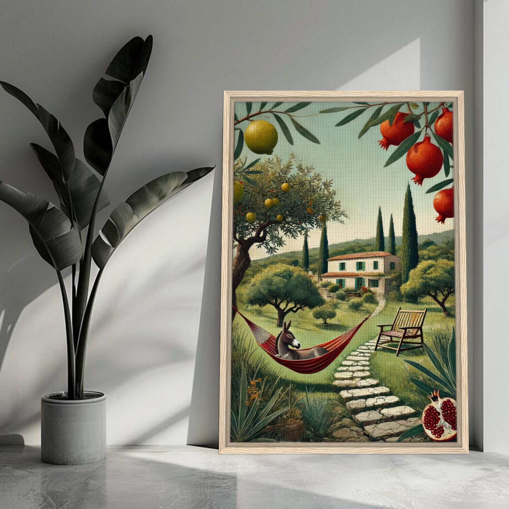Framed canvas print of a Mediterranean landscape with olive trees, cypress, a farmhouse, and a relaxed donkey.