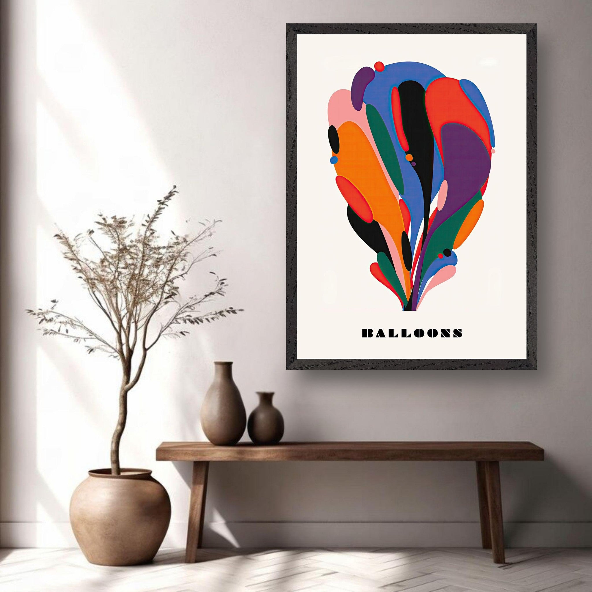 Abstract Balloon Art print in vibrant colors displayed in a modern interior setting.
