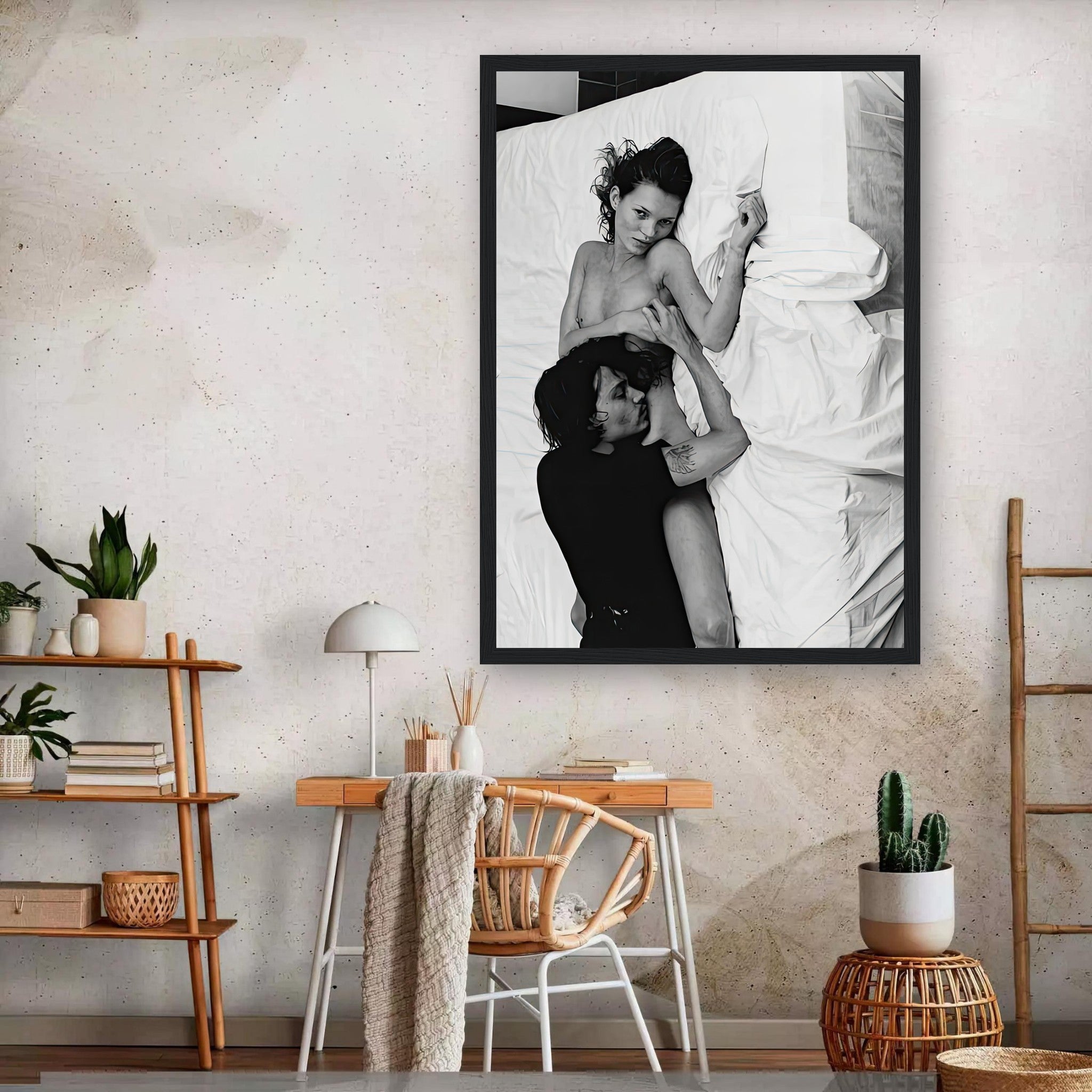 Framed black-and-white print of Kate Moss and Johnny Depp in 1994, adding timeless pop culture to any room.