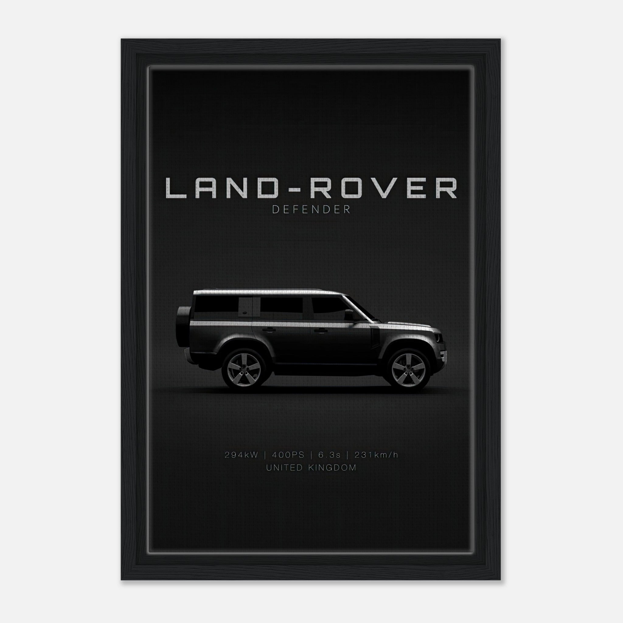 Land Rover Defender framed canvas print featuring a sleek side profile on a black background.