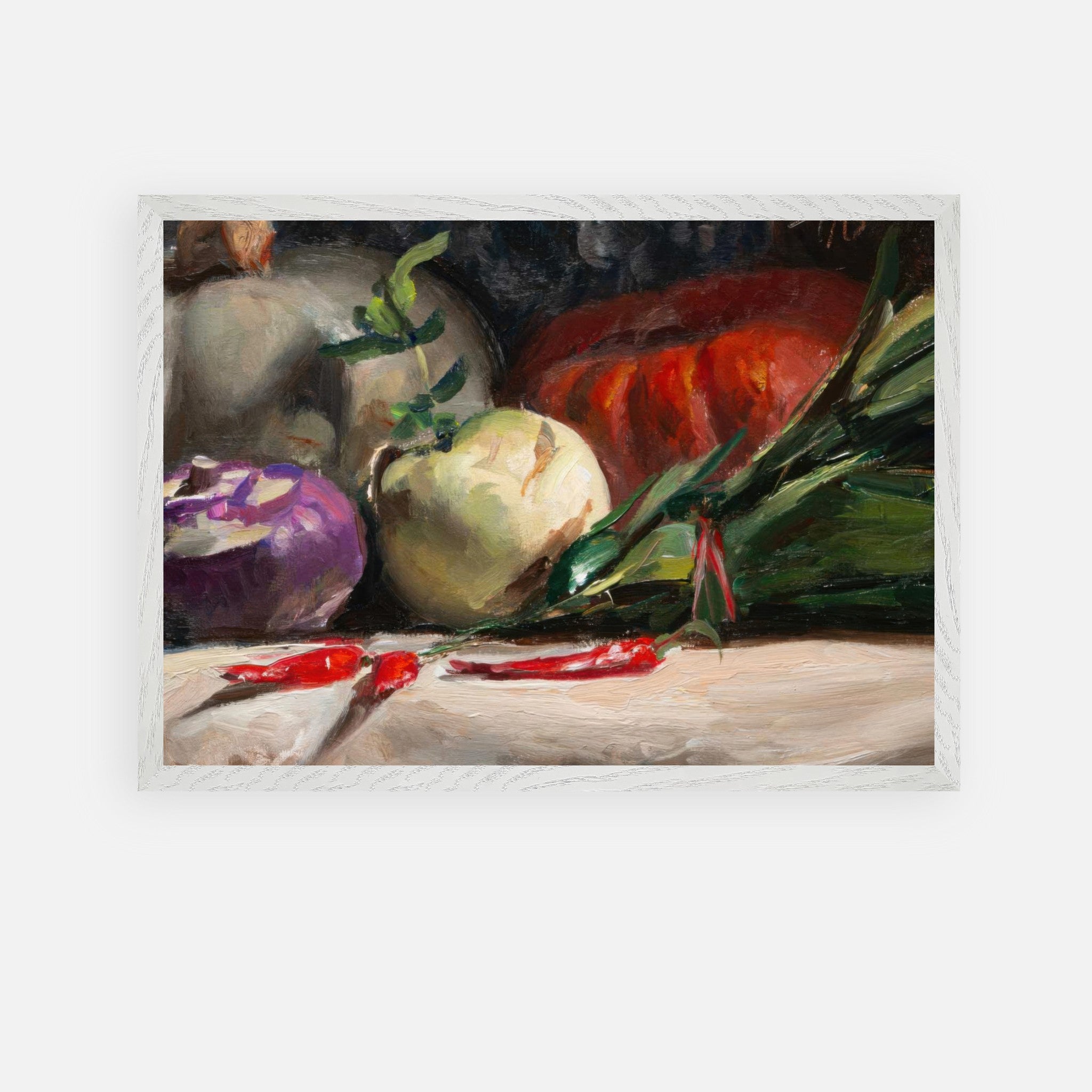 Oil painting of kohlrabi, pumpkins, and chilis in a rustic still-life arrangement.