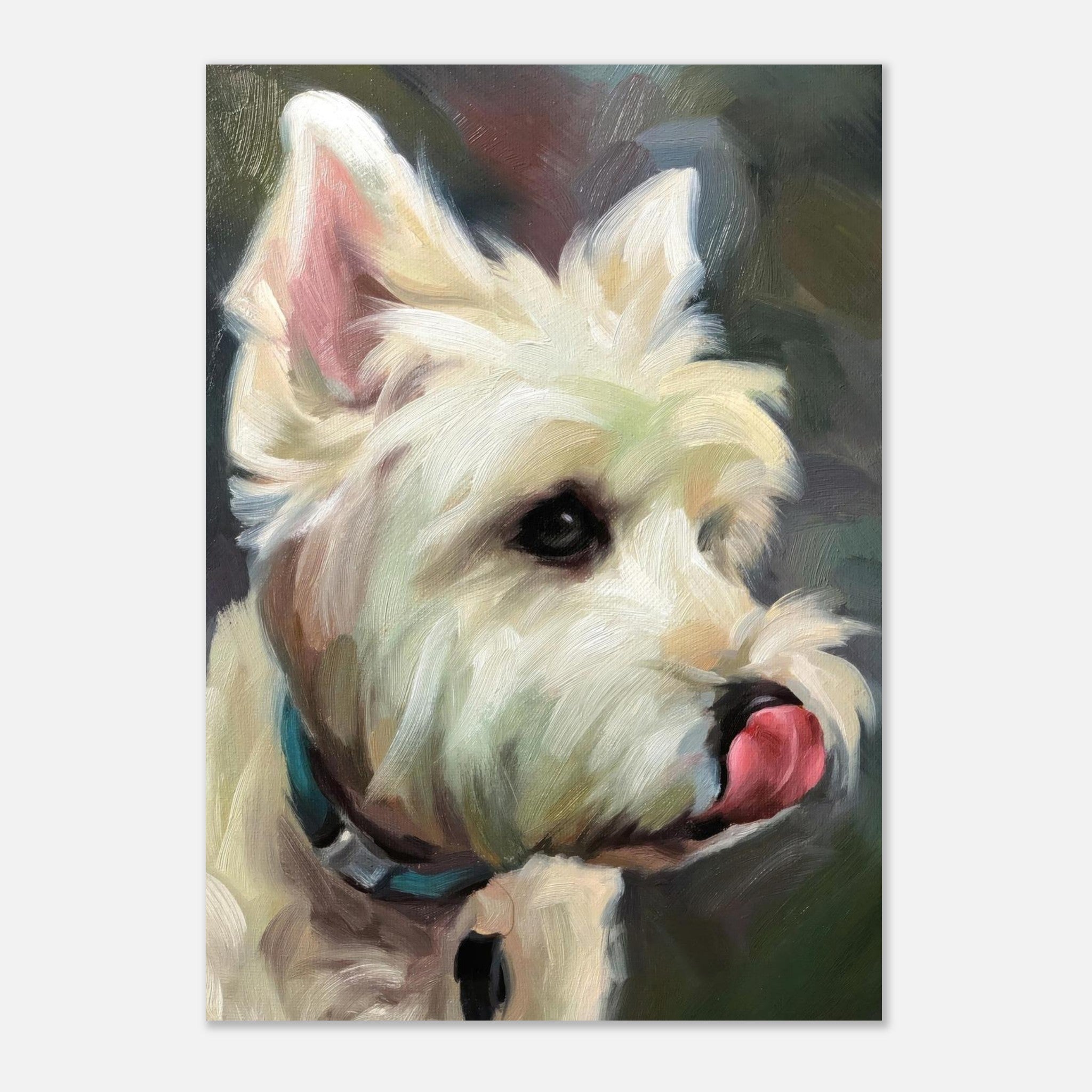 Westie dog painting poster featuring a playful West Highland White Terrier with soft brushstrokes and rich colors.