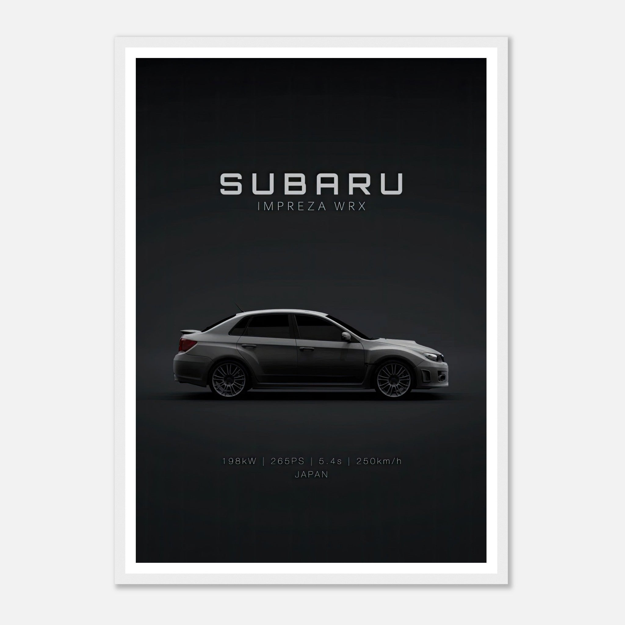 Subaru WRX framed poster featuring sleek design and specifications on a dark background.
