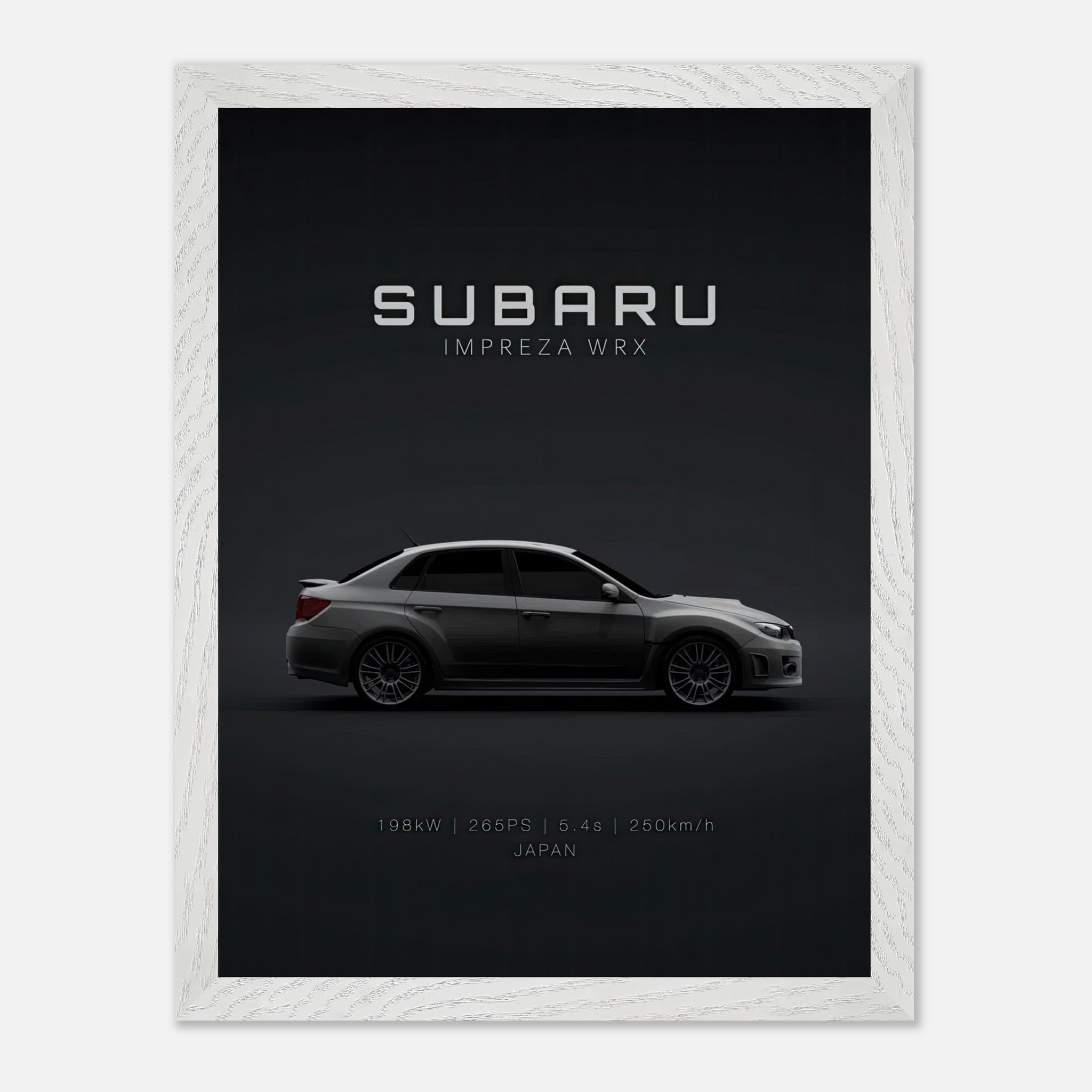 Subaru WRX vintage framed art highlighting the iconic car's profile against a dark backdrop.
