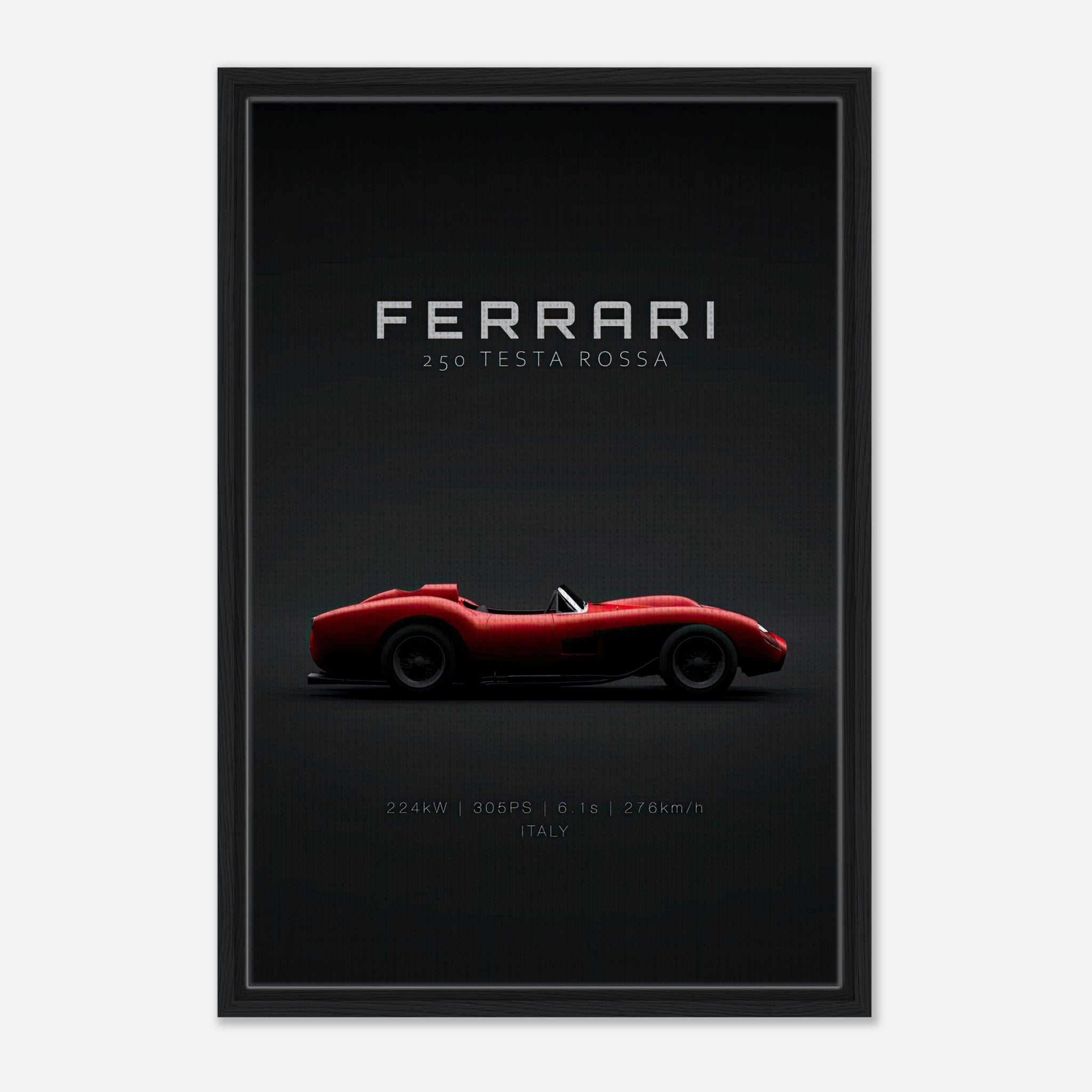 Ferrari 250 Testa Rossa framed canvas print showcasing iconic red race car silhouette on a black background.