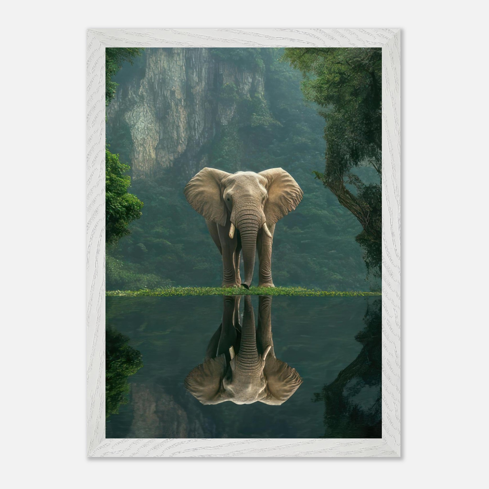 Jungle Elephant Portrait Vintage Framed Print showcasing an elephant with serene water reflection in a lush forest.