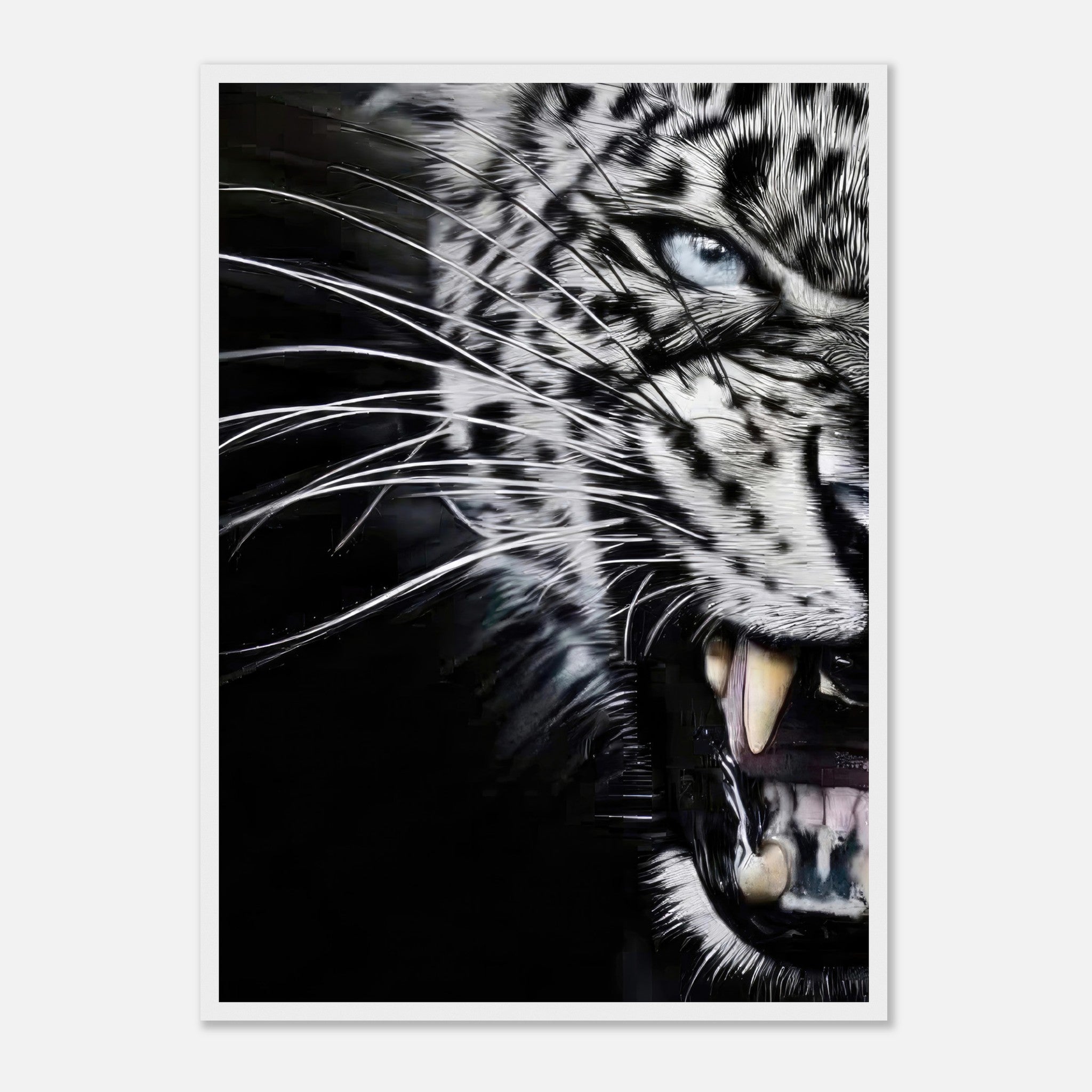 Stunning close-up portrait of a fierce leopard snarling, highlighting its blue eye and sharp fangs.