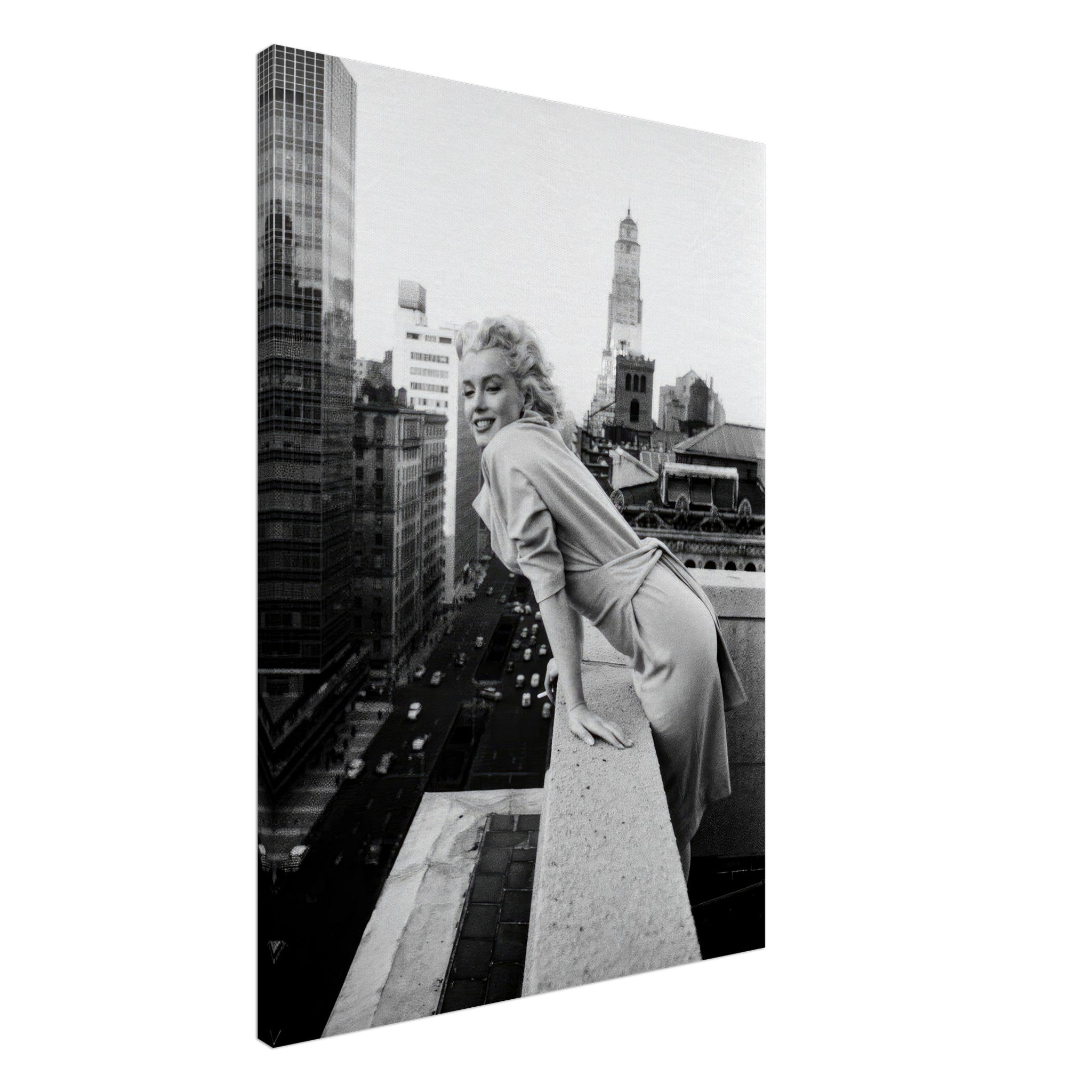 Marilyn Monroe canvas art piece, black-and-white image of the actress on a New York rooftop.