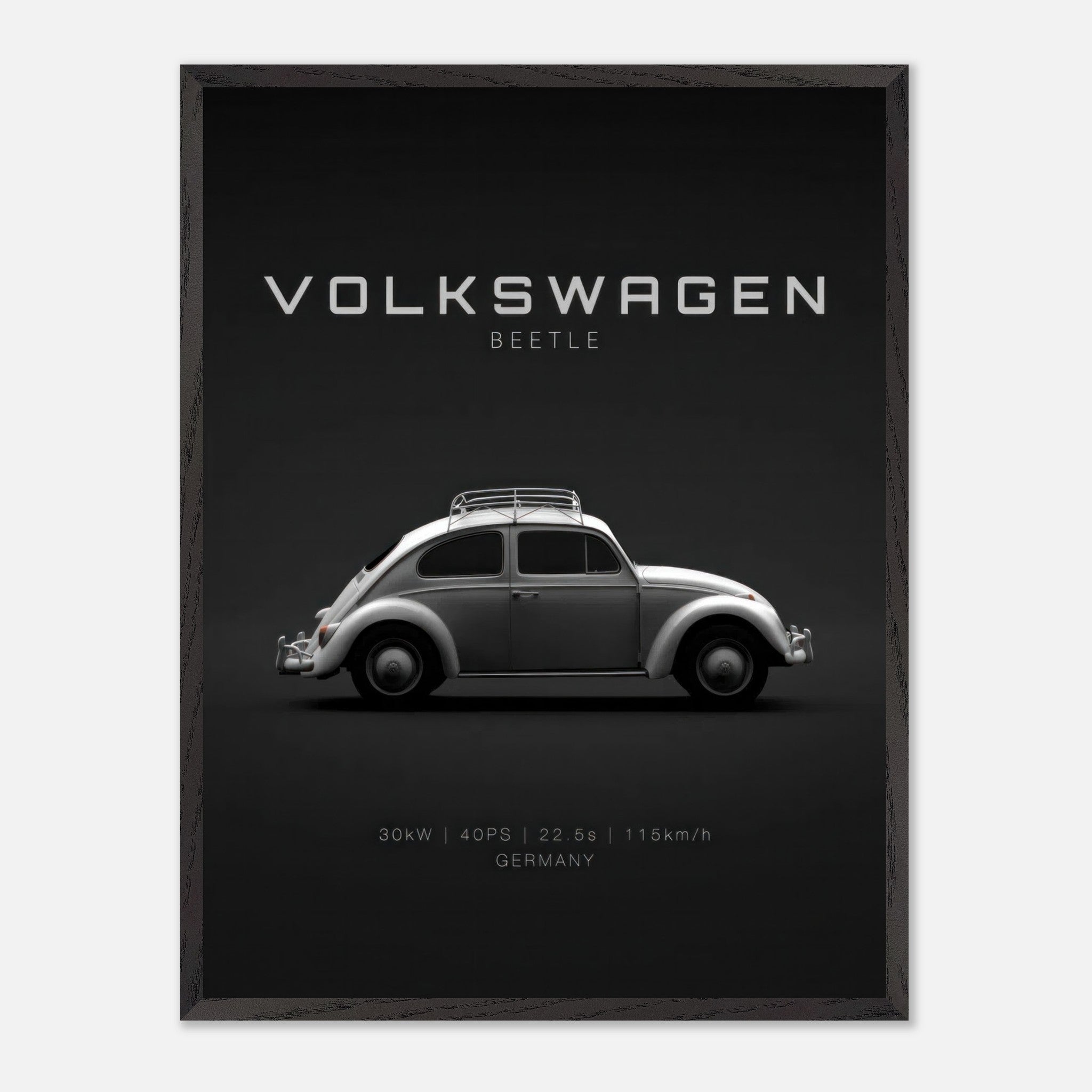 Volkswagen Beetle vintage framed art showcasing the classic car on a minimalist black background.
