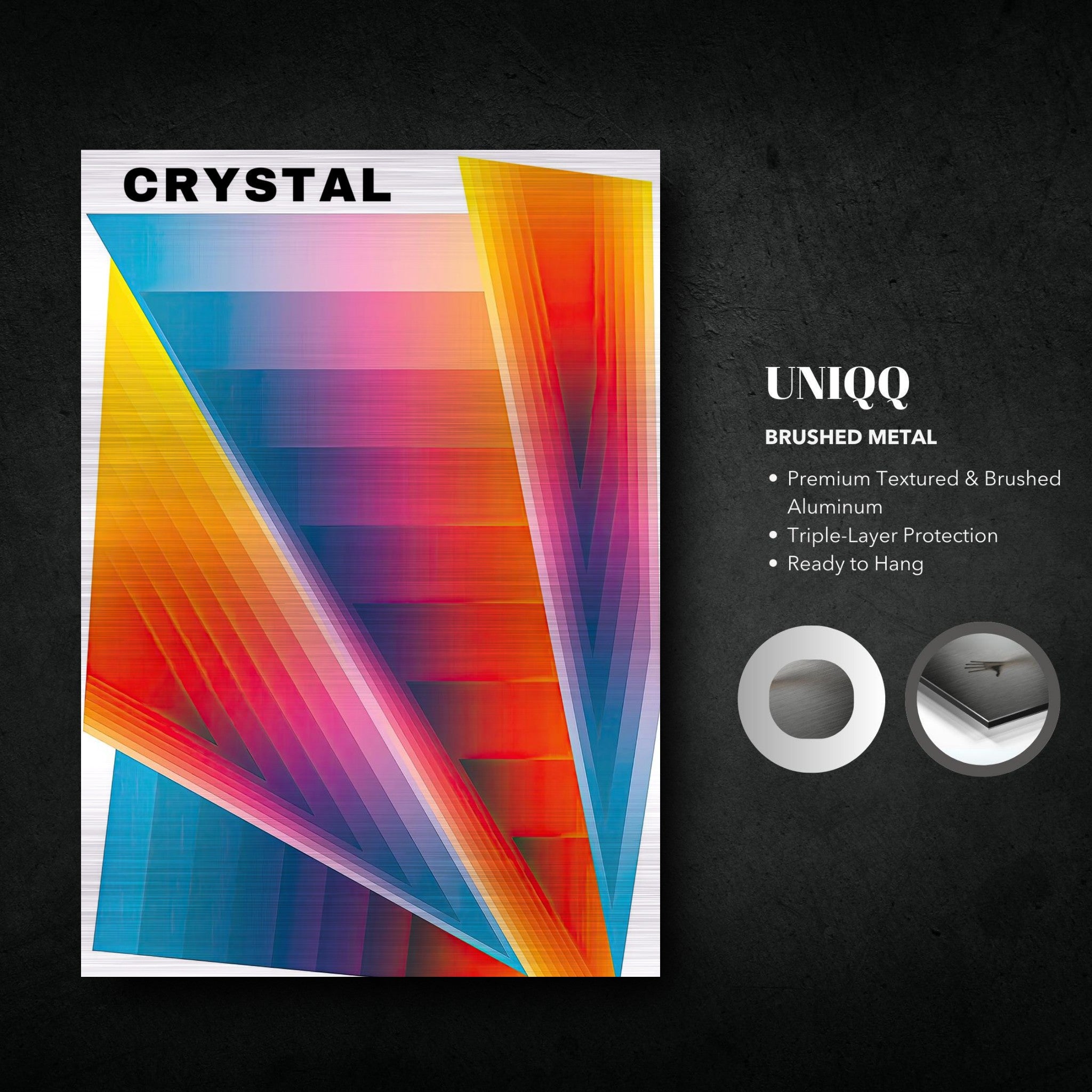 Crystal Abstract Art on brushed metal featuring vibrant colors and geometric shapes for modern decor.