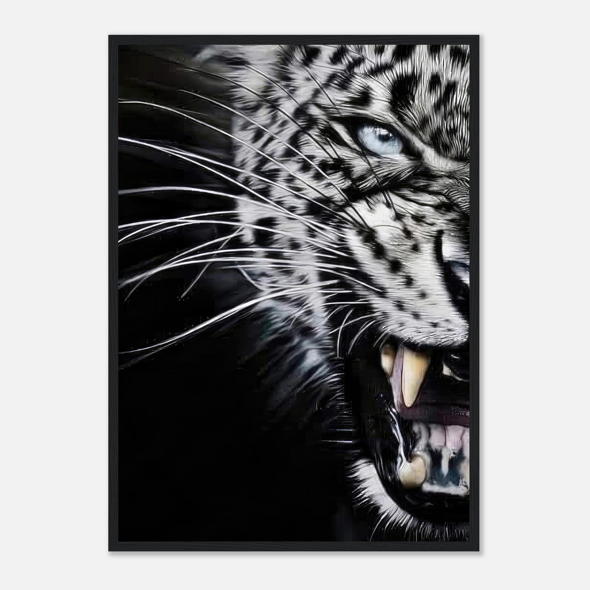 Close-up portrait of a fierce leopard snarling with piercing blue eyes and intricate whiskers in a framed print.