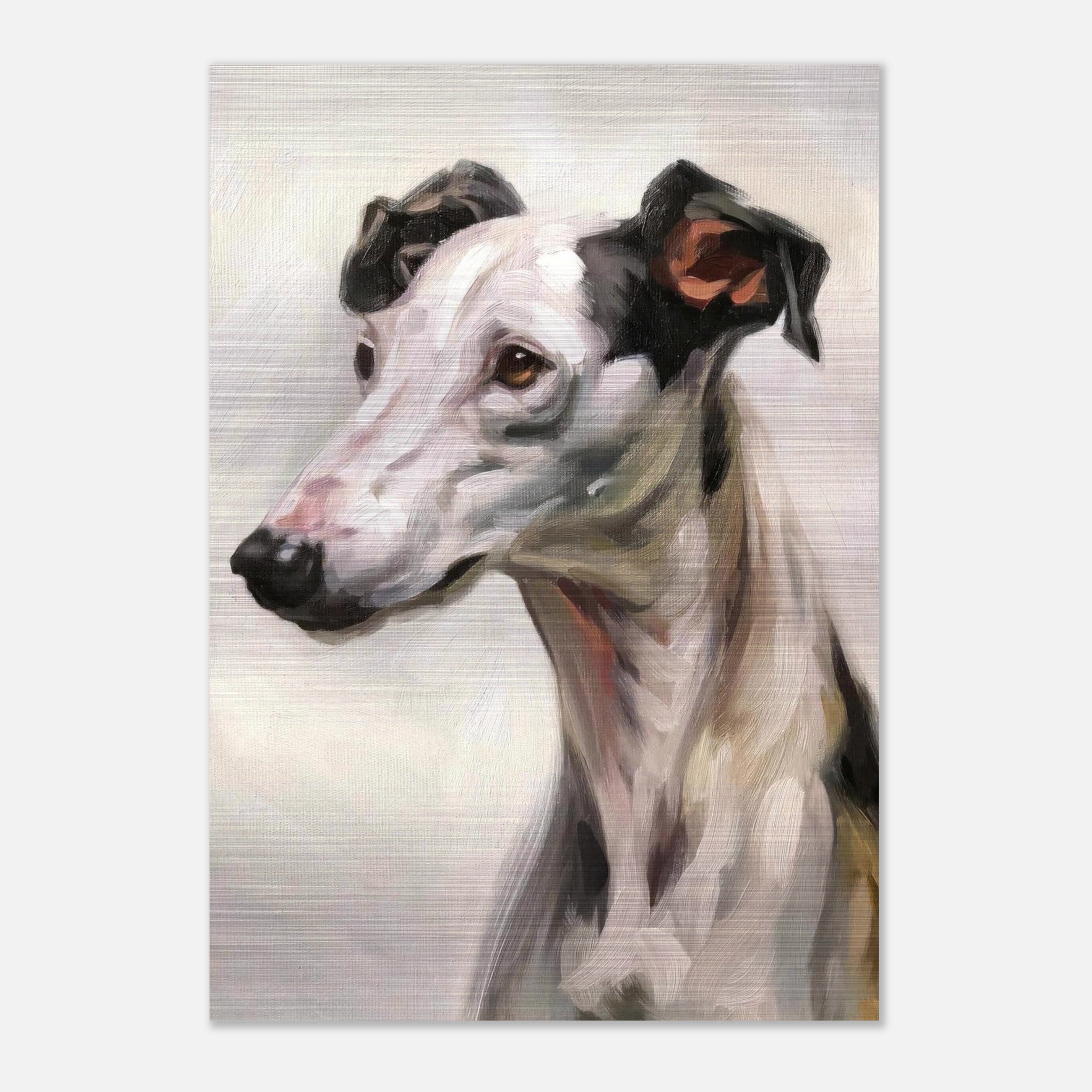 Elegant Greyhound dog painting on brushed metal, showcasing detailed brushstrokes and a soulful expression.