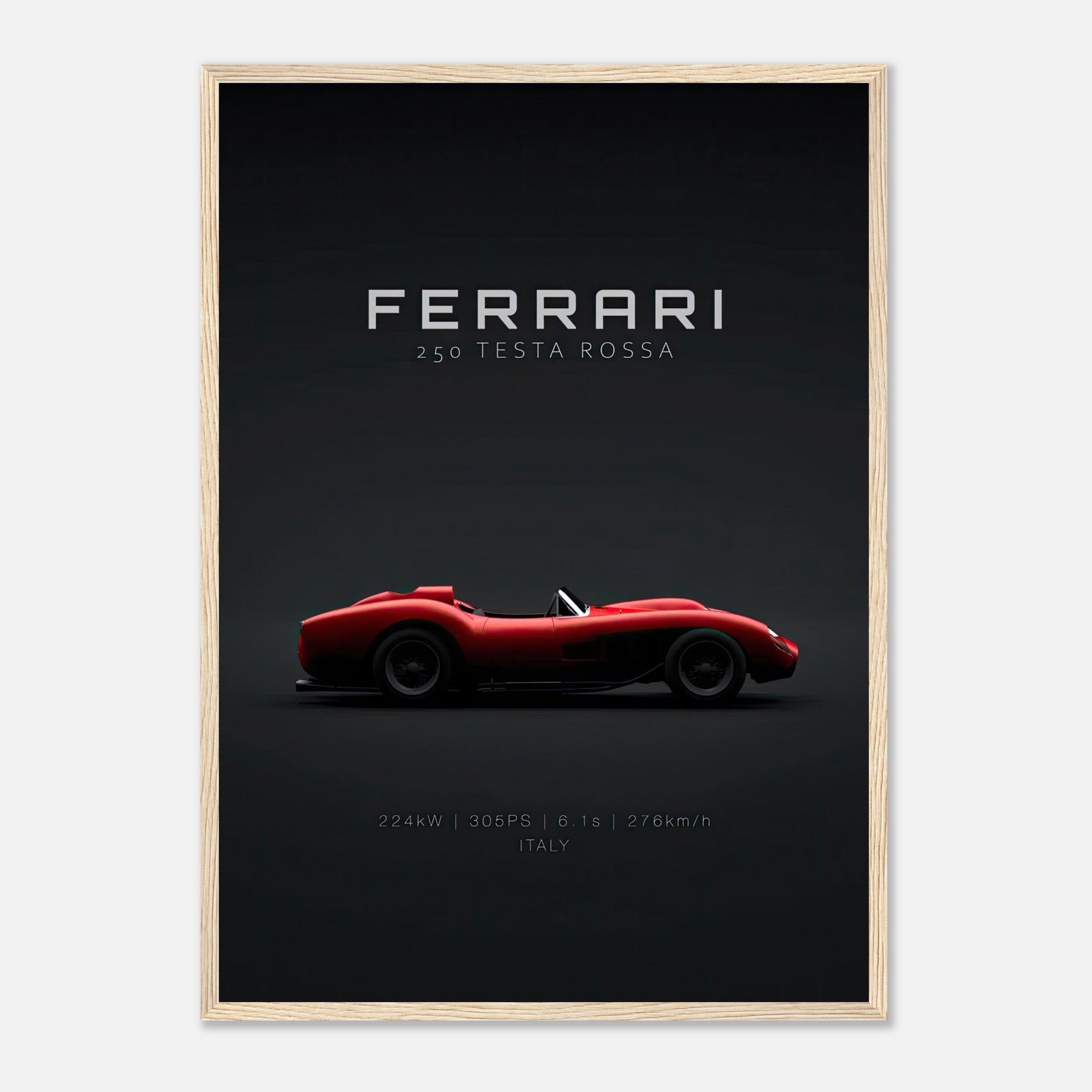 Ferrari 250 Testa Rossa framed poster featuring a sleek side profile on a black background.