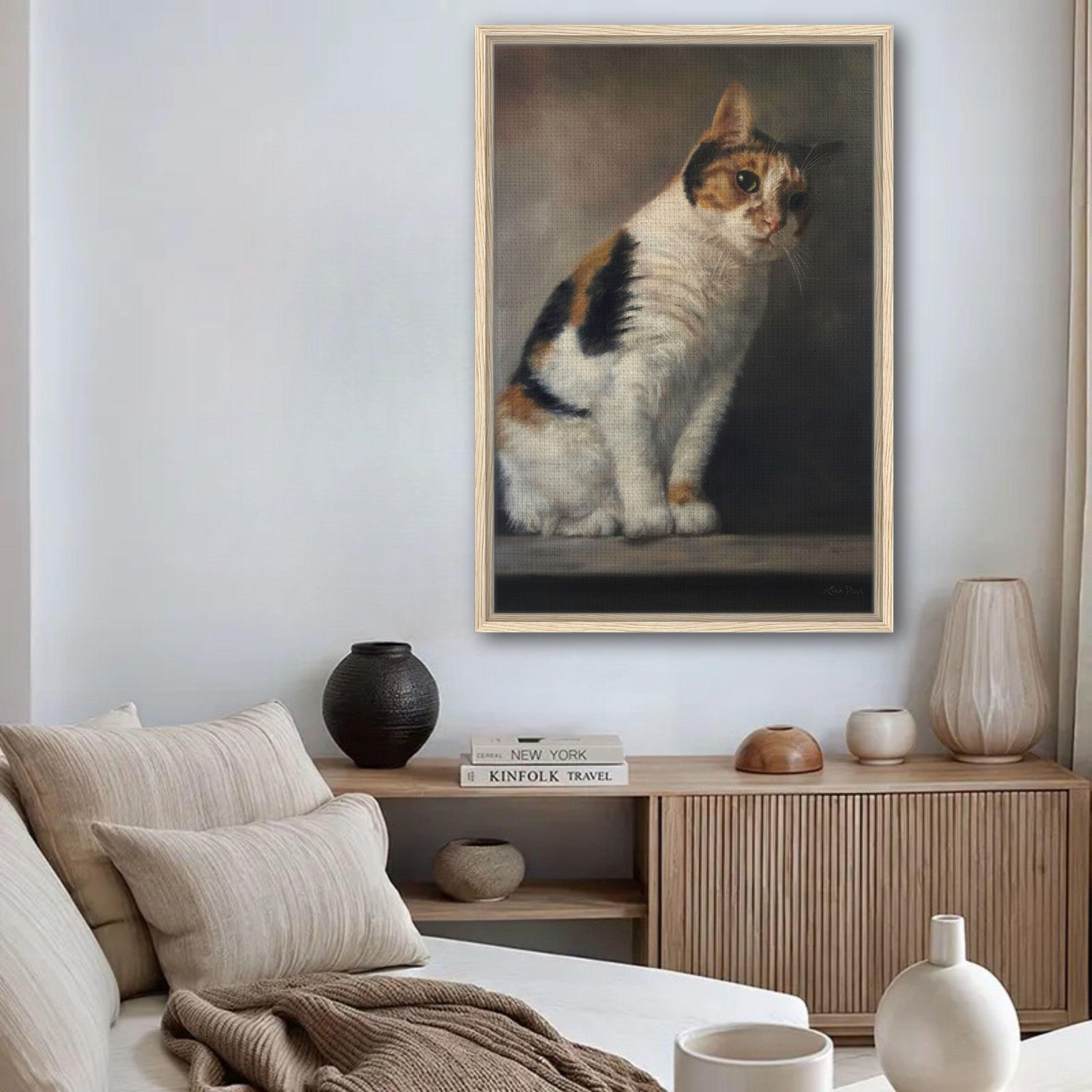 Framed realistic cat portrait painting in a modern living room setting, showcasing feline elegance and artistry.