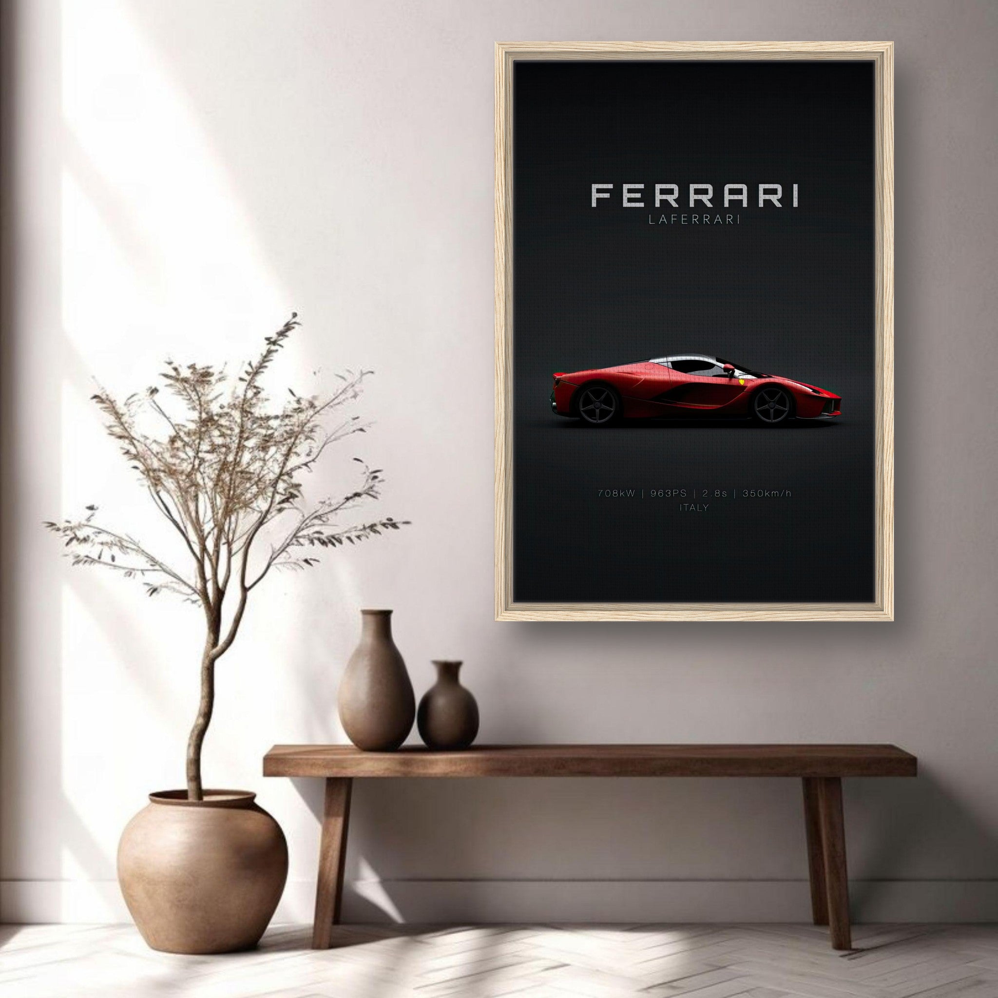 Ferrari Laferrari framed canvas artwork in a stylish interior setting with elegant decor.