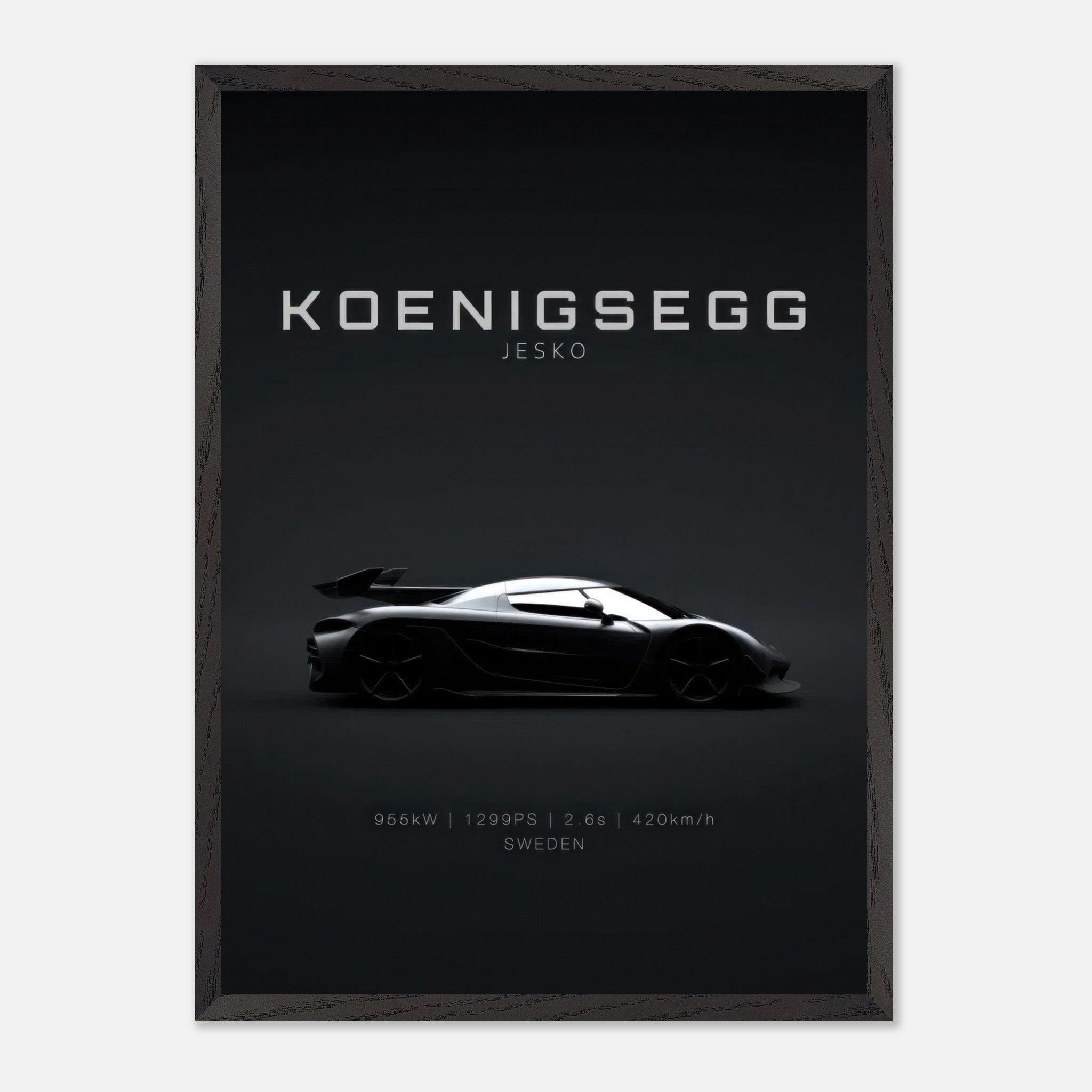 Koenigsegg Jesko vintage art print framed, showcasing sleek profile on minimalist black background.