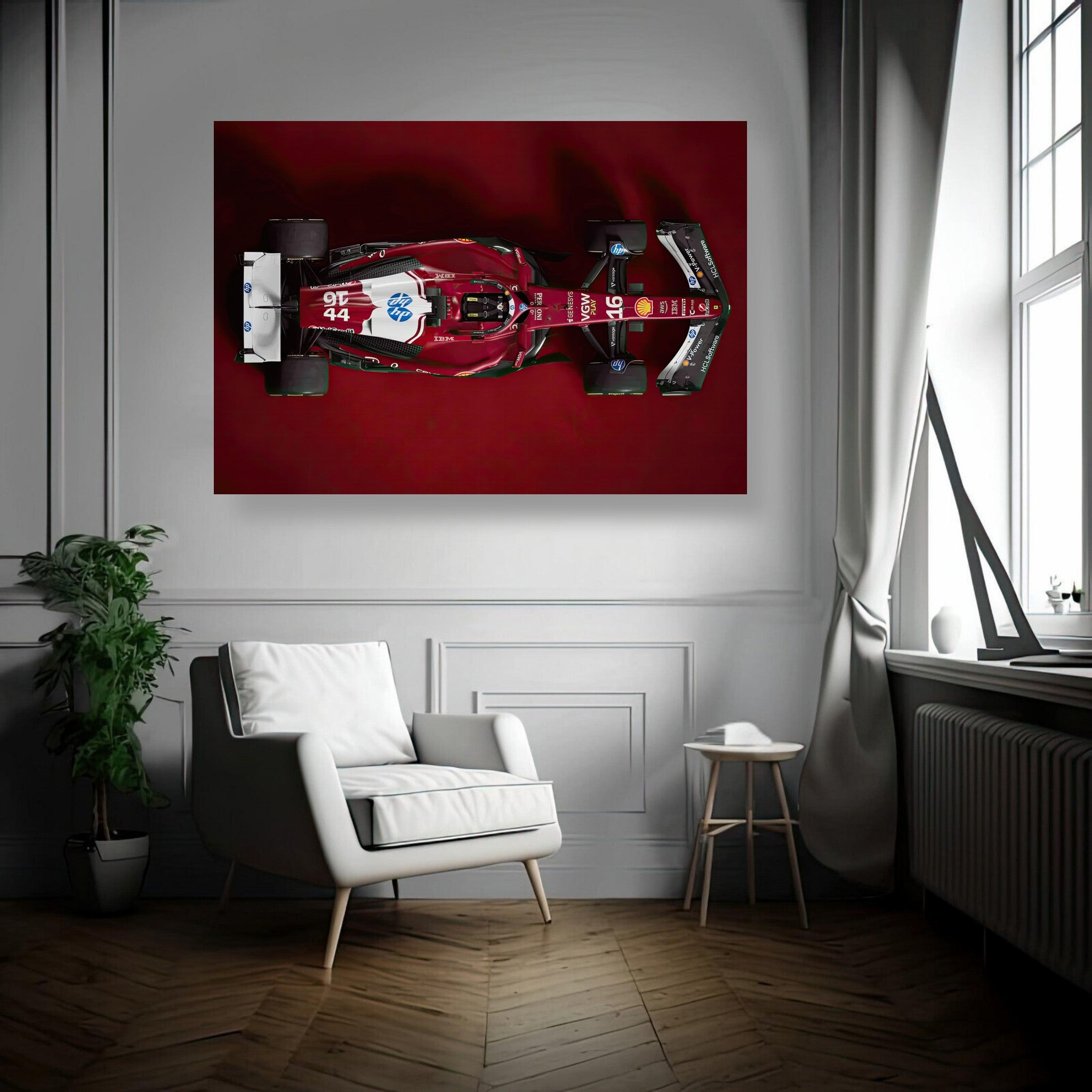 Ferrari F1 2025 metal print showcasing top-down view of the car in a stylish interior setting.