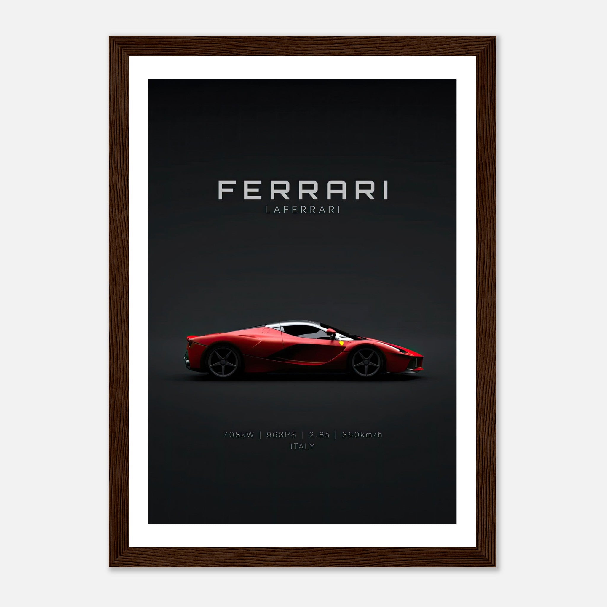 Ferrari Laferrari framed poster featuring the iconic hypercar in red on a minimalist dark background.
