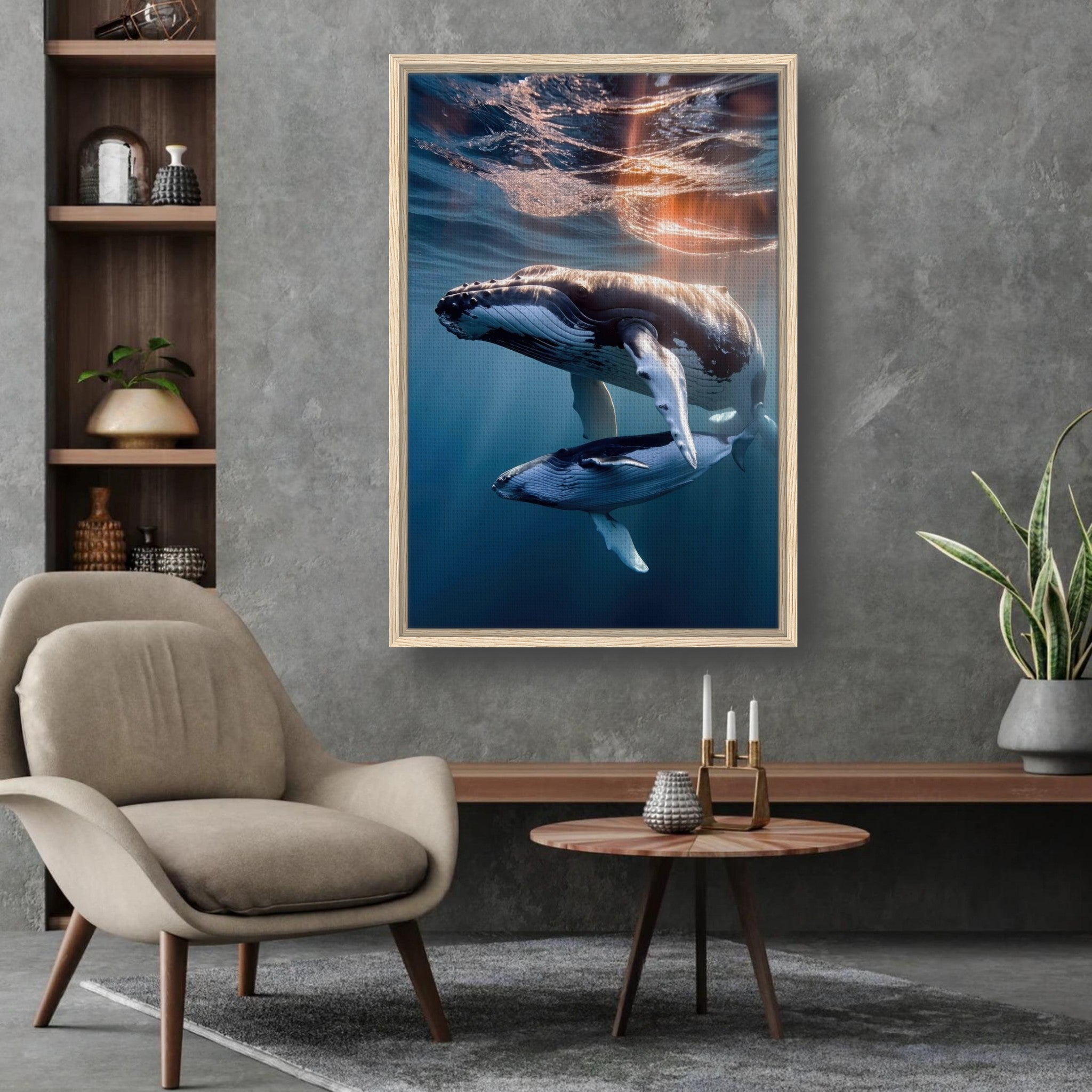 Framed canvas print of underwater photography featuring a humpback whale and its calf.