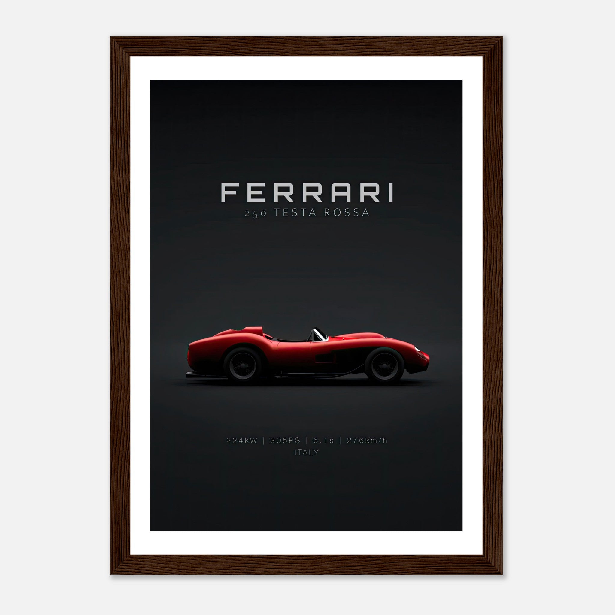 Ferrari 250 Testa Rossa framed poster featuring sleek red car design against a black background.