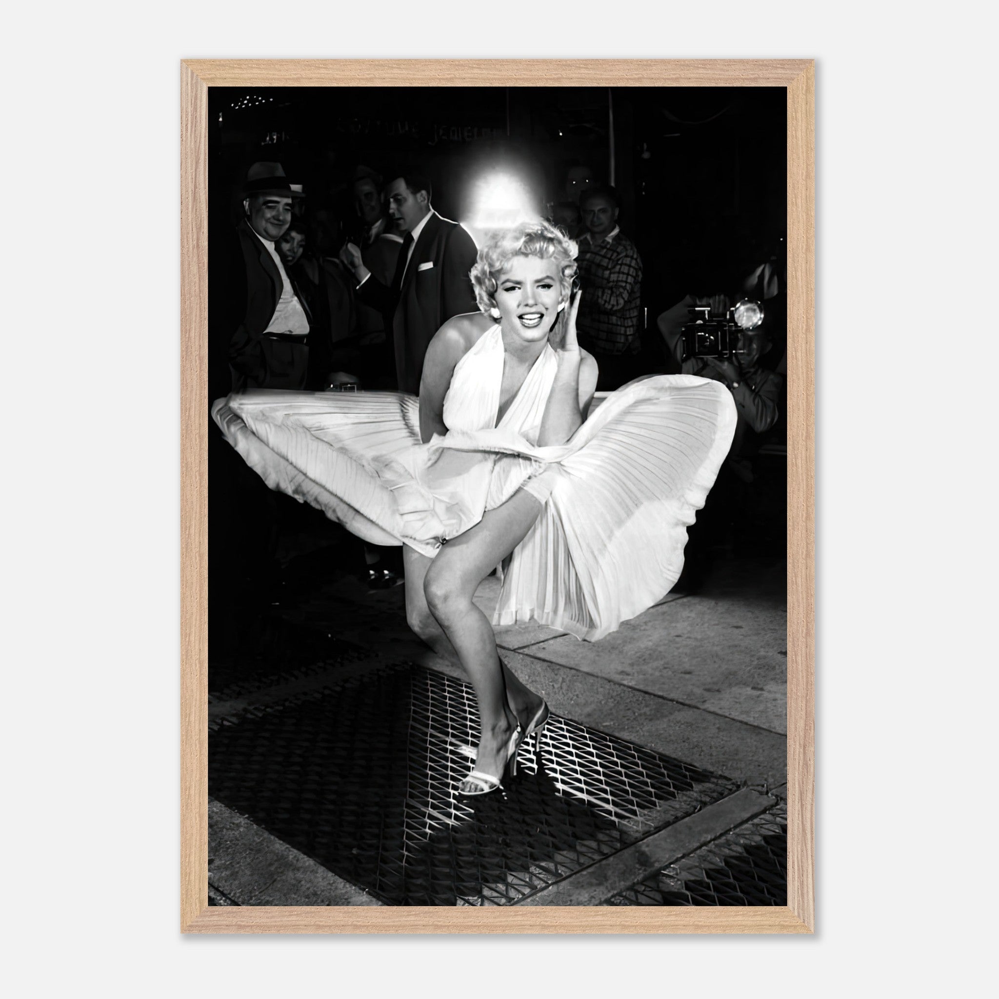 Marilyn Monroe in iconic white dress, playfully surprised by wind, capturing the charm of Hollywood's golden era.
