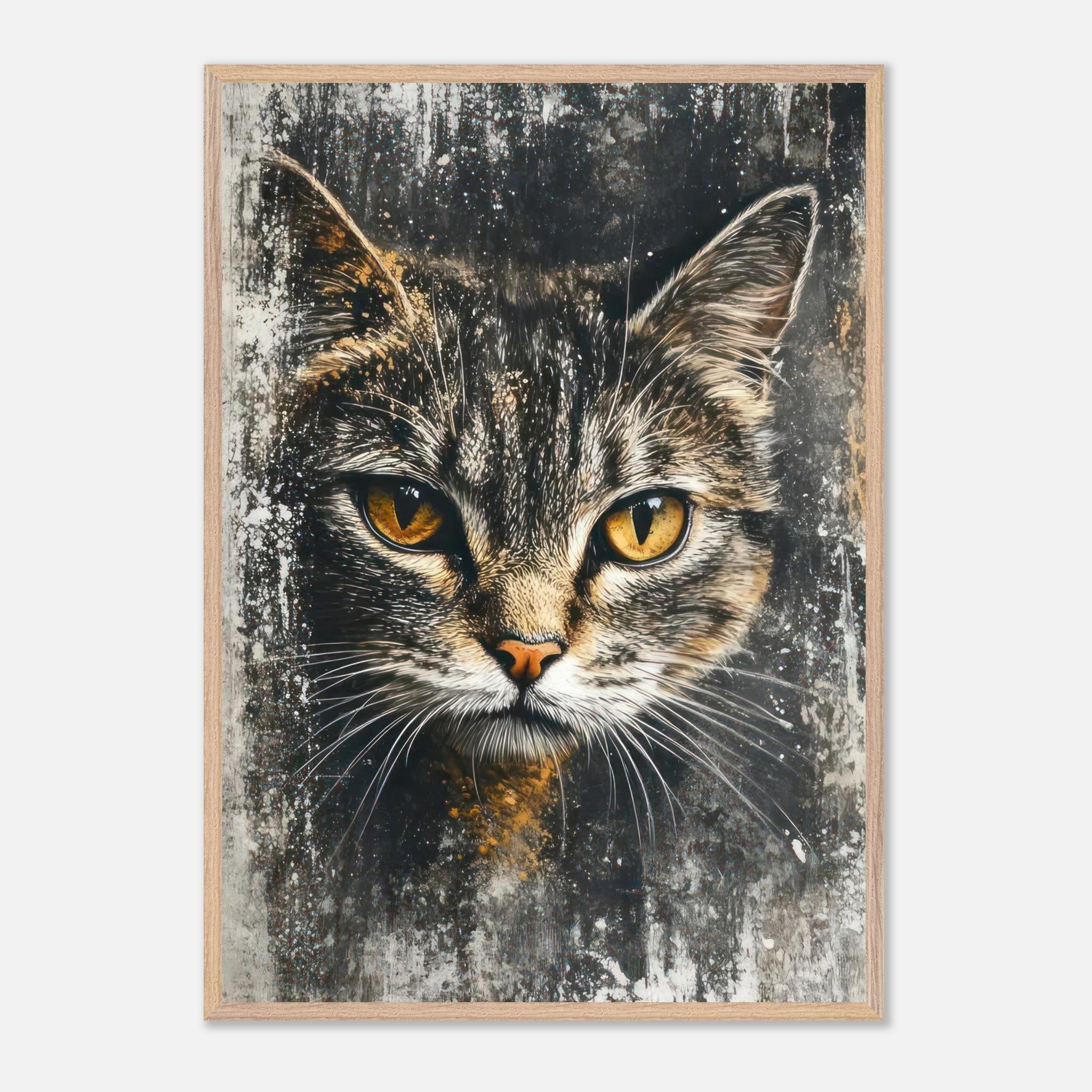 Vintage framed cat painting artwork featuring a close-up of a feline with striking golden eyes.