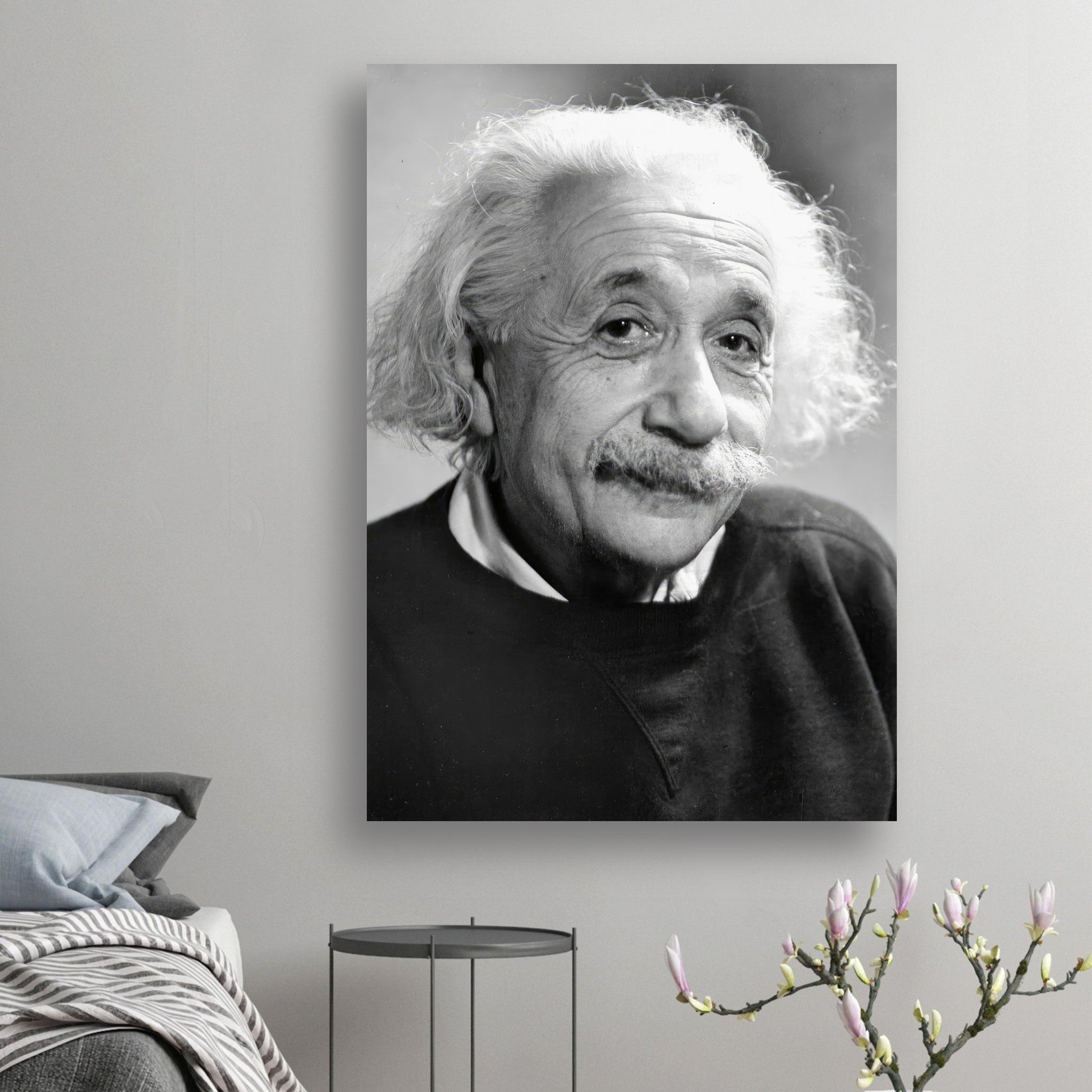 Black-and-white poster of Albert Einstein (1946) showcasing his thoughtful expression and iconic wild hair.