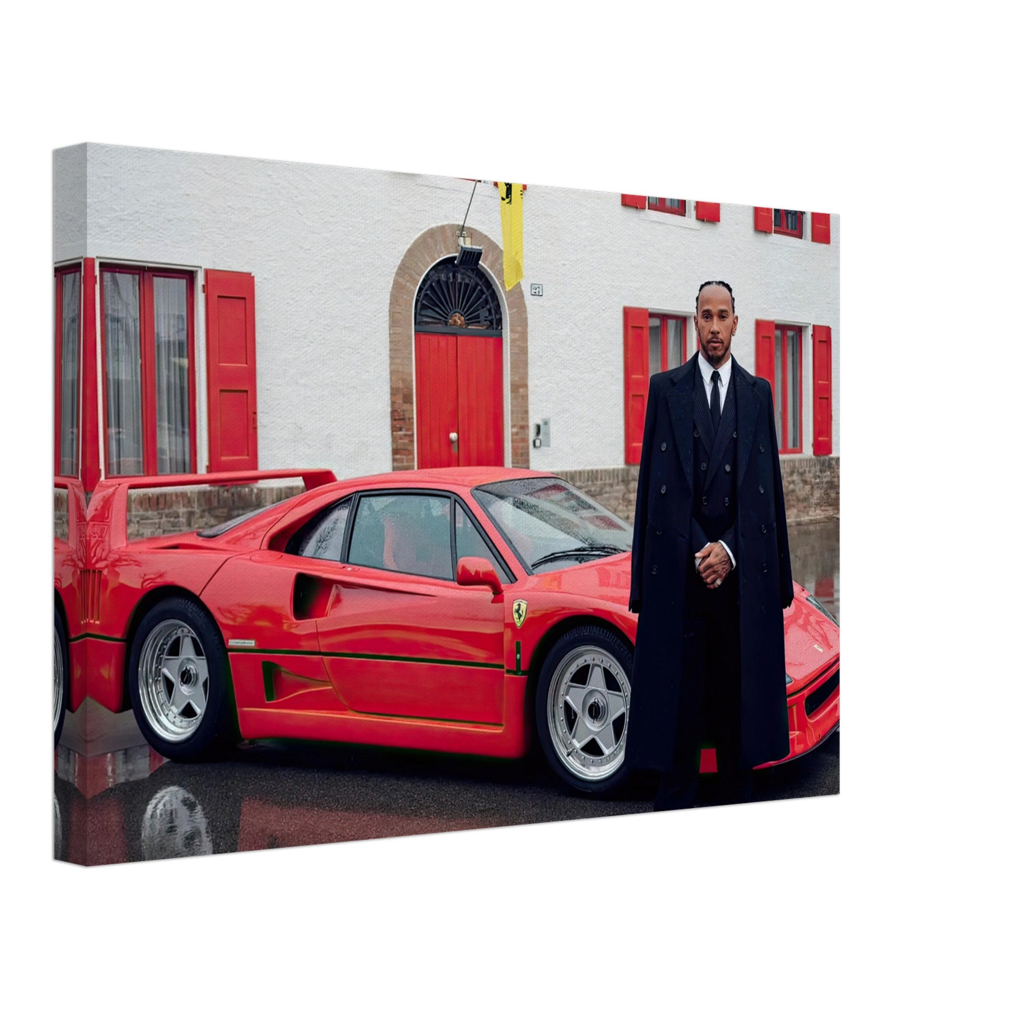 Lewis Hamilton standing beside a red Ferrari F40 in front of a house, showcasing motorsport history on canvas.